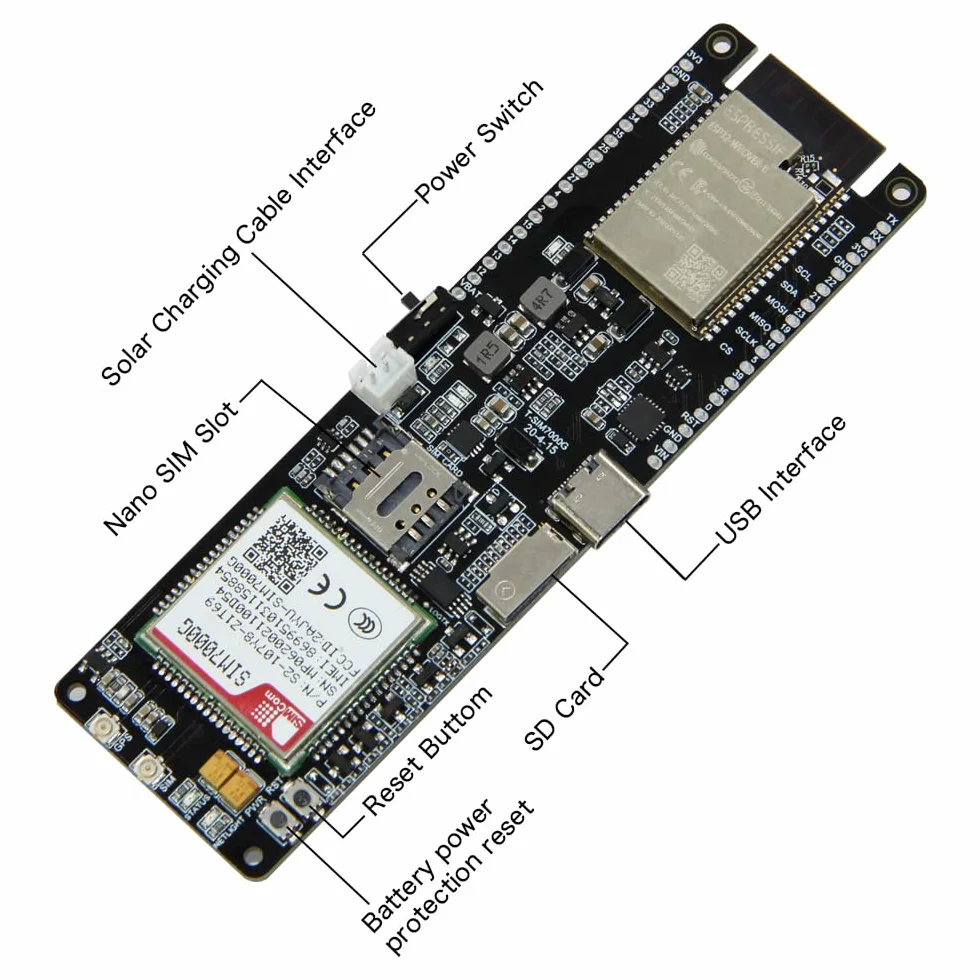 LILYGO Moduł płytki rozwojowej ładowania słonecznego ESP32-WROVER-B chip bezprzewodowy moduł WiFi BLE 18560 uchwyt baterii TTGO T-SIM7000G SIM CH9102F 16MB
