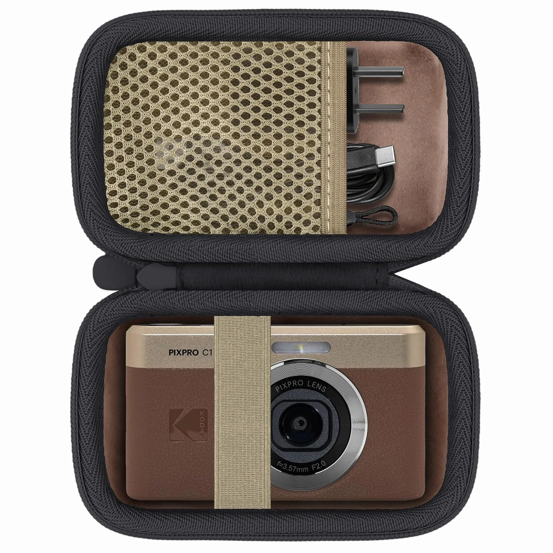Khanka do Kodak PIXPRO C1 - Twarde etui podróżne do ultrakompaktowego aparatu cyfrowego z uchwytem do przenoszenia, tylko etui, Brązowy brązowy, 882 cc
