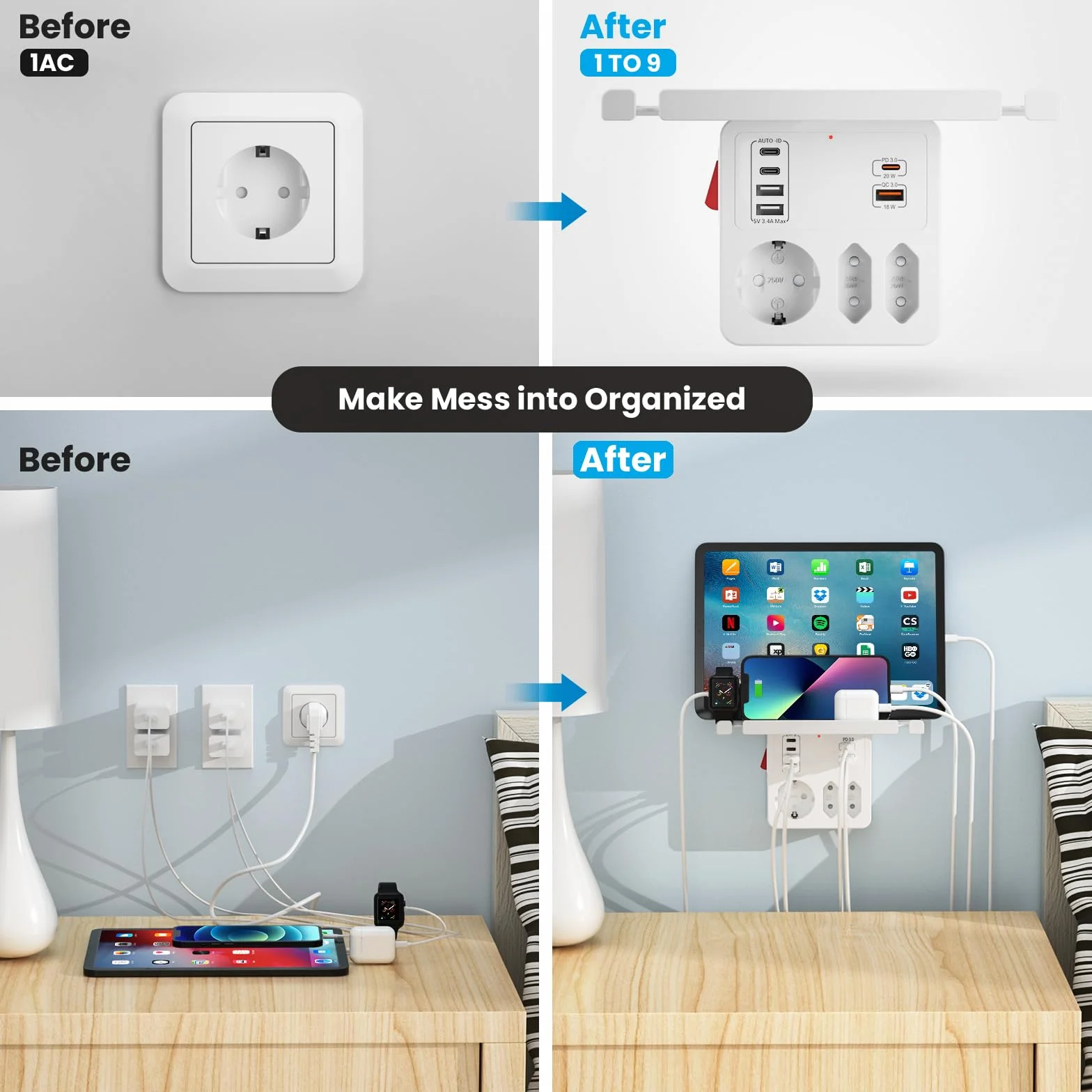 Gniazdo z Przełącznikiem,Adapter Gniazdka z USB C Szybkim Ładowaniem PD20W | Listwa Zasilająca Scienna 3 Gniazda 6 USB z Uchwytem na Telefon,Wielokrotna Gniazda z Półką Wygodny do Sypialni i Mieszkań