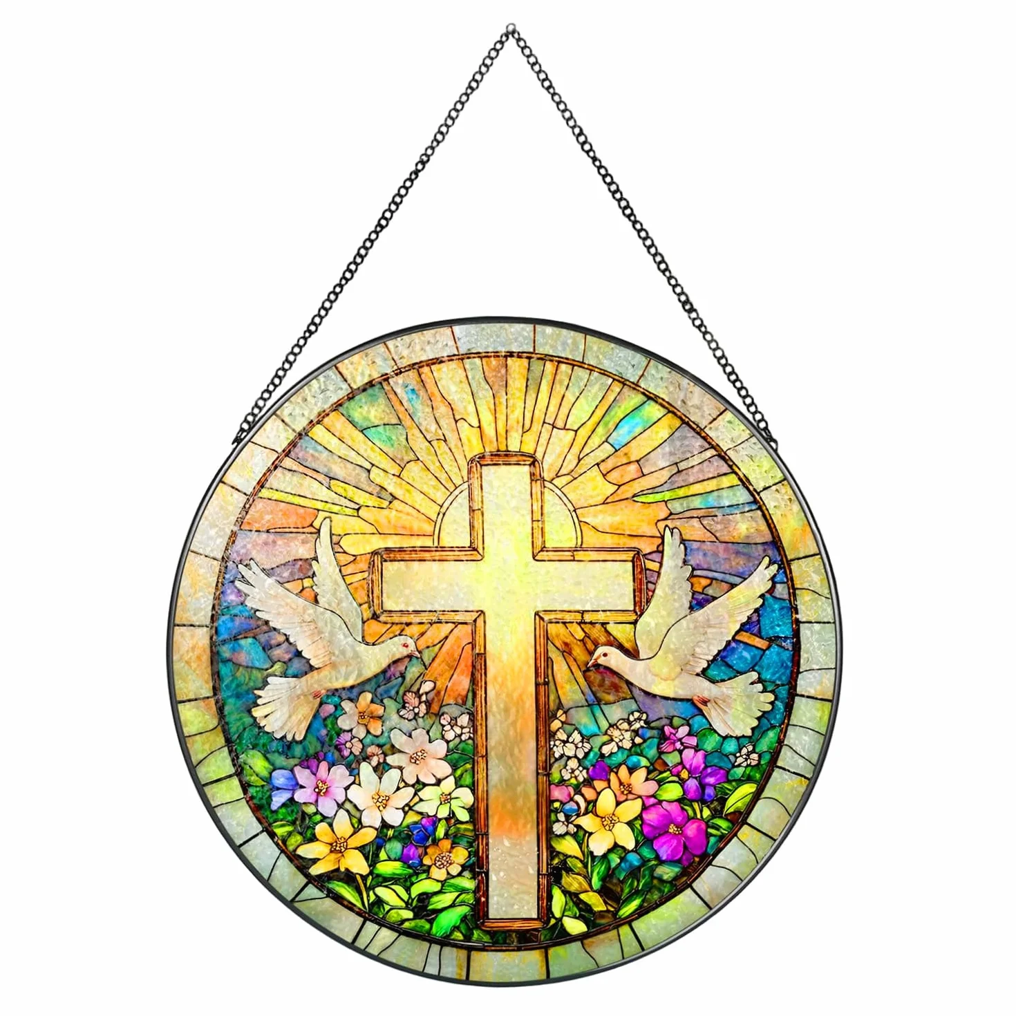 Krzyż dekoracja okienna wisząca 20×20cm efekt witrażu religijna dekoracja ścienna