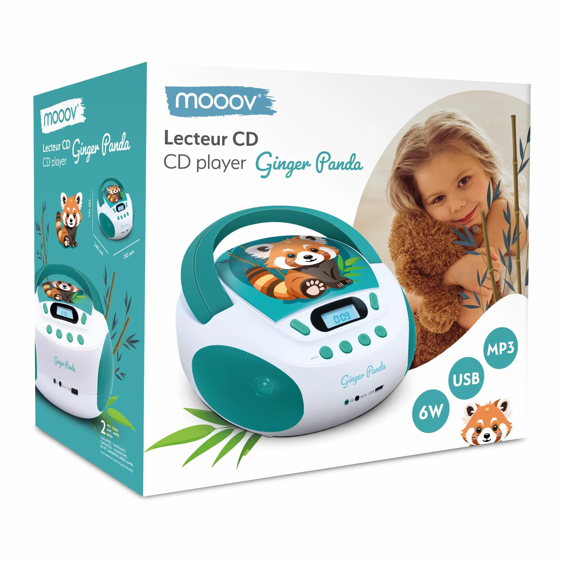 MOOOV 477414 Czerwona Panda Odtwarzacz CD dla dzieci i port USB - AUX-in - Gniazdo słuchawkowe - przenośna stacja z uchwytem do przenoszenia - Zasilanie sieciowe lub baterie - zielony i biały