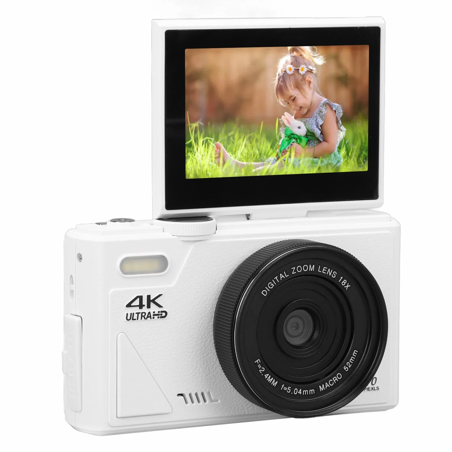 Aparat Cyfrowy 64 MP, Aparat Cyfrowy 4K, Składany Ekran, Wideo 4K, Zoom 18X, Akumulator, z 3-calowym Odchylanym Ekranem, Idealny świąteczny z łącznością USB dla (WHITE)