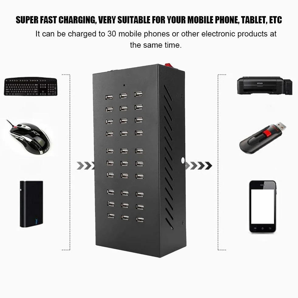 Bewinner 30-portowa stacja ładująca z koncentratorem USB wysokowydajna stacja szybkiego ładowania Stacja ładująca z koncentratorem USB do telefonów komórkowych/tabletów (100-240 V) (UE)