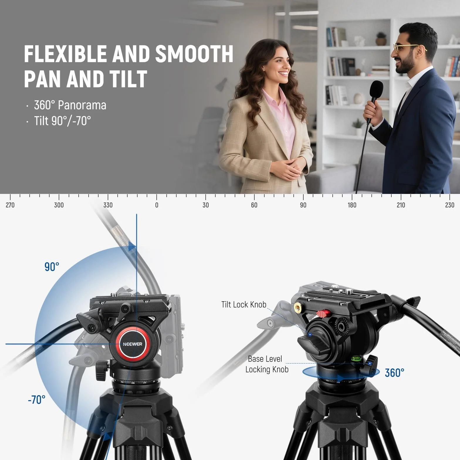 NEEWER Płynna głowica statywu kamery, wytrzymały lekki kompaktowy przenośny uchwyt podróżny do DSLR Kamery kompatybilne z dji gimbals kompatybilny z płytami Manfrotto QR, obciążenie, maks. 13,2 funta