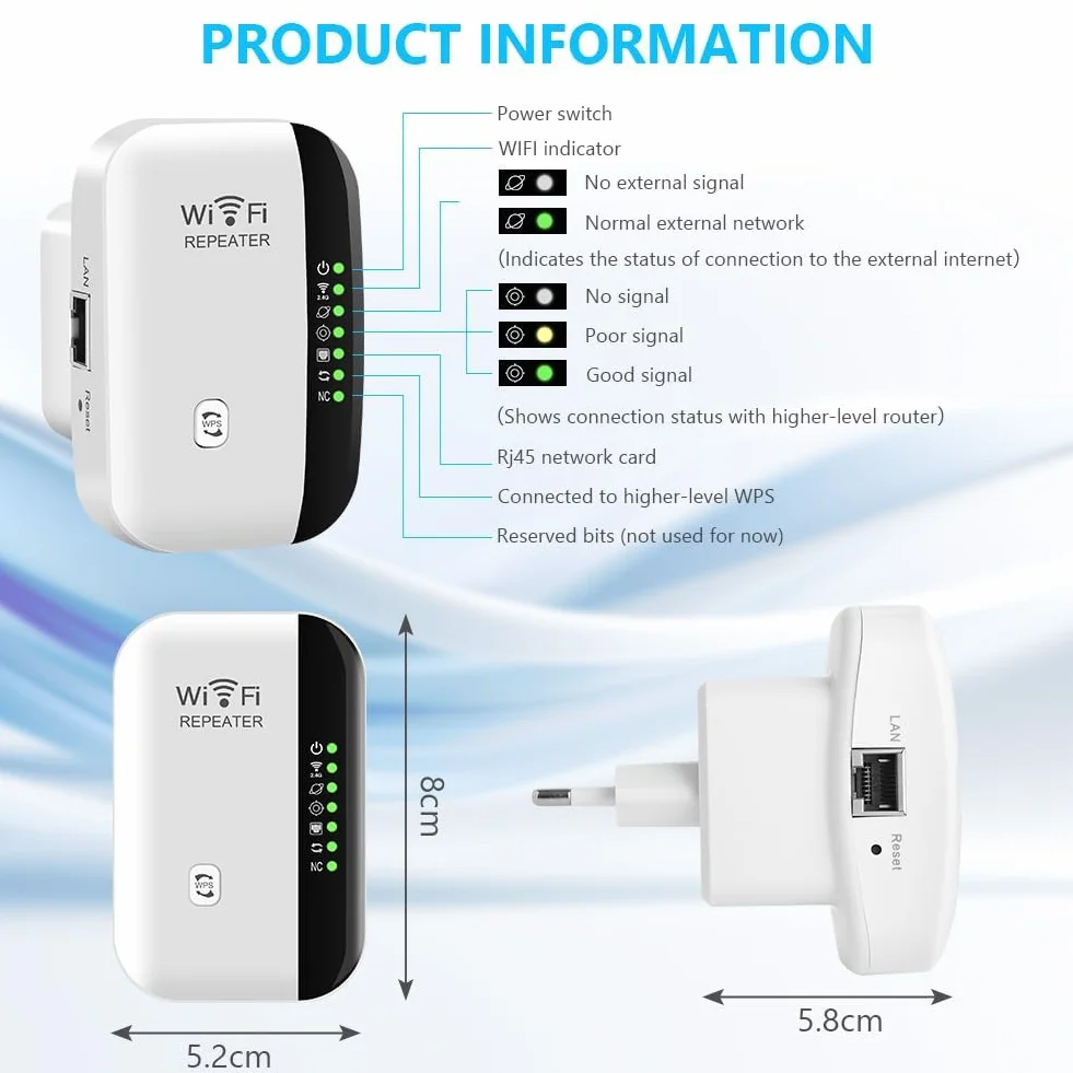 Flintronic Wzmacniacz WiFi 300 Mbit/s 2,4 GHz, wzmacniacz WiFi Long Range z trybem repeater/AP, wzmacniacz Wi-Fi z portem Ethernet do wszystkich urządzeń