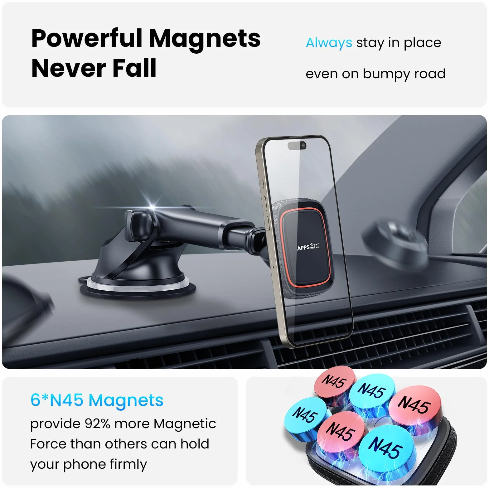 APPS2Car Magnetyczny uchwyt samochodowy na telefon, uniwersalny, regulowane ramię teleskopowe, 6 silnych