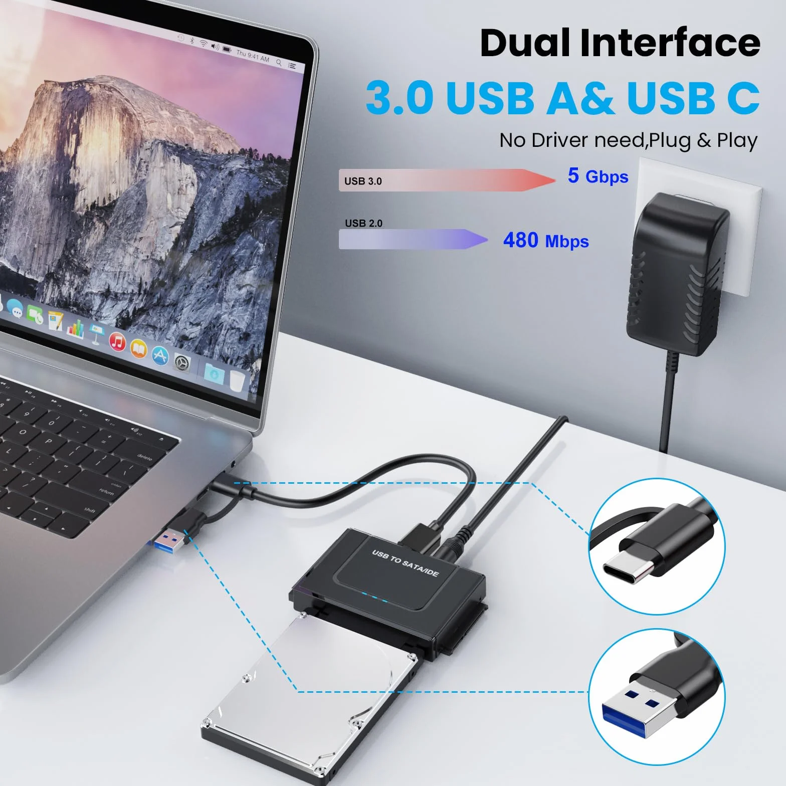 Adapter USB 3.0 na IED SATA, zewnętrzny konwerter czytnika dysku twardego SATA adapter USB do 6.3 cm 8.9 cm HDD SSD z zasilaczem 12/2A