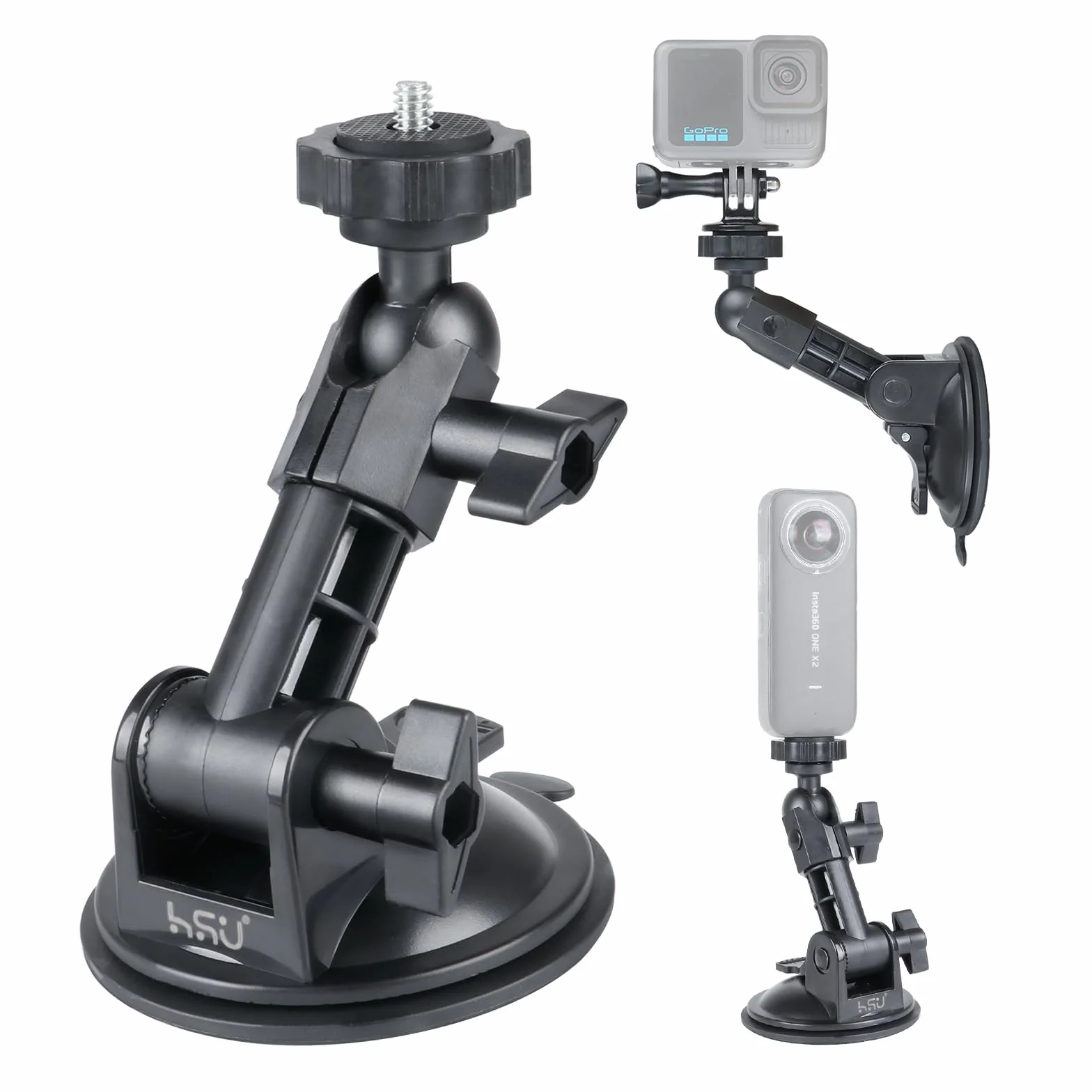 HSU Uchwyt z przyssawką do kamery sportowej, uchwyt samochodowy z nano-klejową podkładką do Go Pro Insta 360 Osmo Action, idealny do przedniej szyby samochodu, okien, gładkich powierzchni