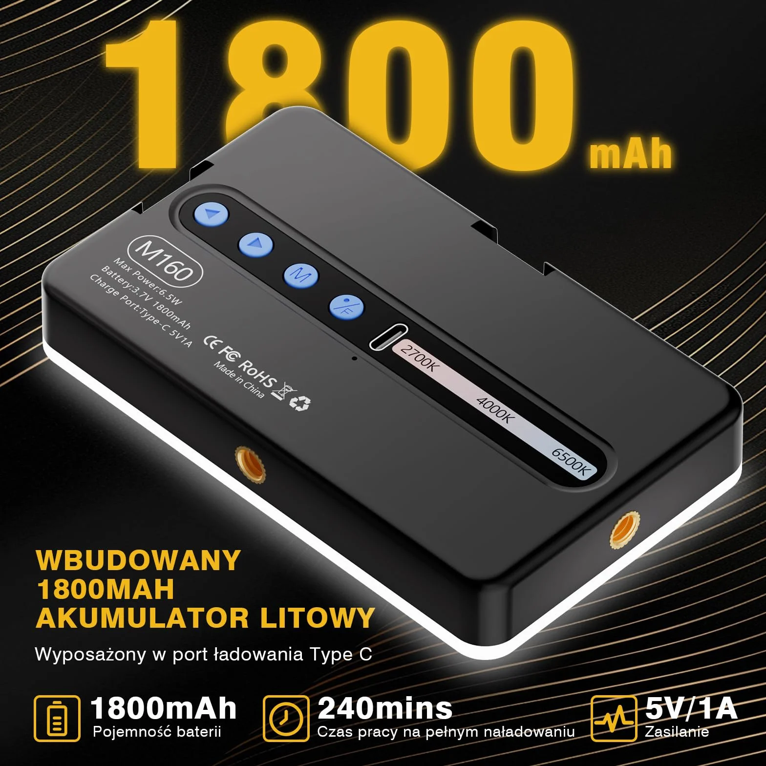 90 LED Przenośne światło Wypełniające z 3 Trybami świecenia i 10 Poziomami Jasności, CRI 95+ Akumulatorowe światło do Selfie o Mocy 1800mAh z Klipsem, do Telefonu, Laptopa, Aparatu