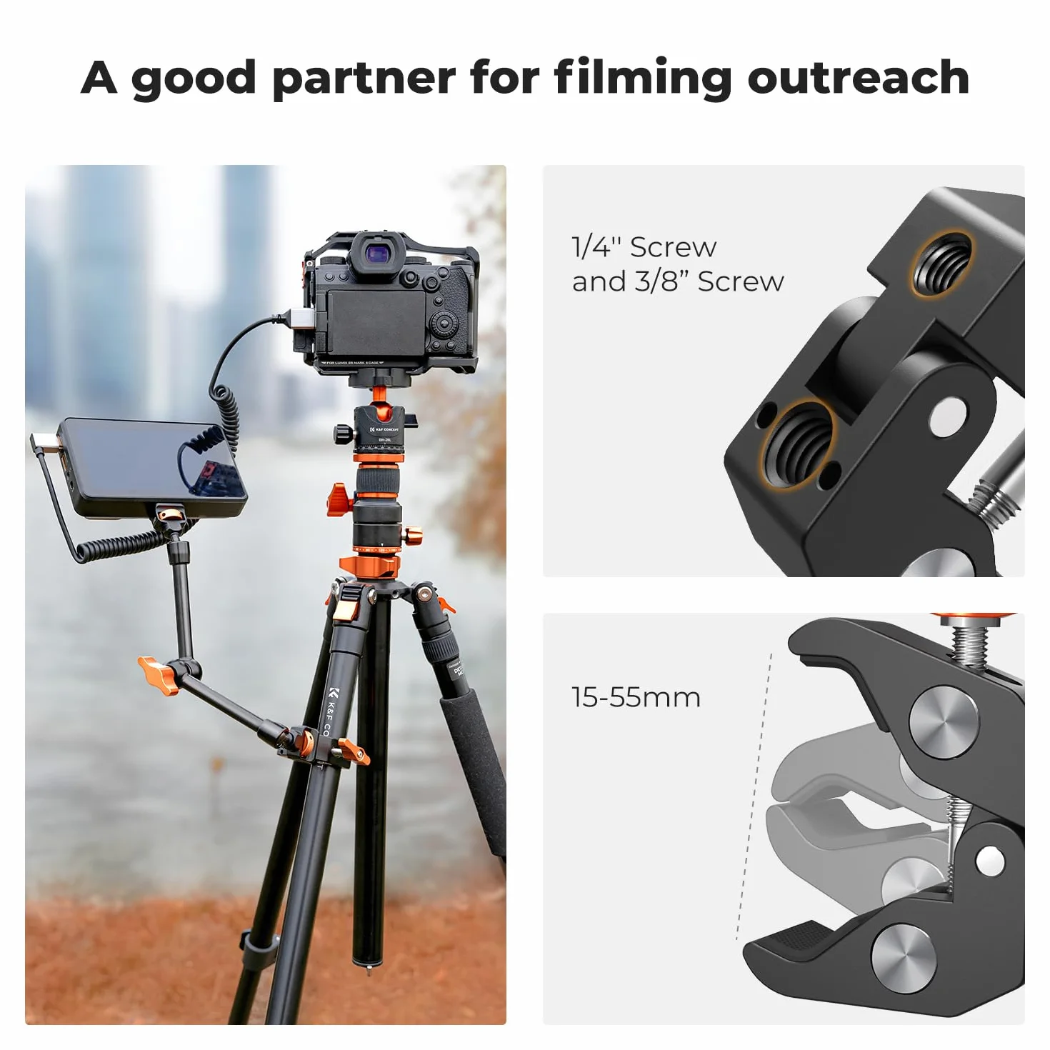 K&F CONCEPT 11 cali Magic Arm z Super Clamp, uchwyt na kamerę do klatki, monitora LED, światła, aparatu akcji, obciążenie 2 KG