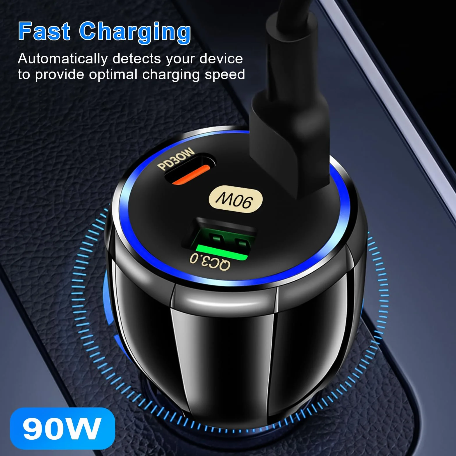90 W ładowarka samochodowa USB C, zapalniczka samochodowa QC3.0/PD30W, odpowiednia wtyczka samochodowa USB C dla IPhone, tablety, Samsung, Huawei, Xiaomi-czarna