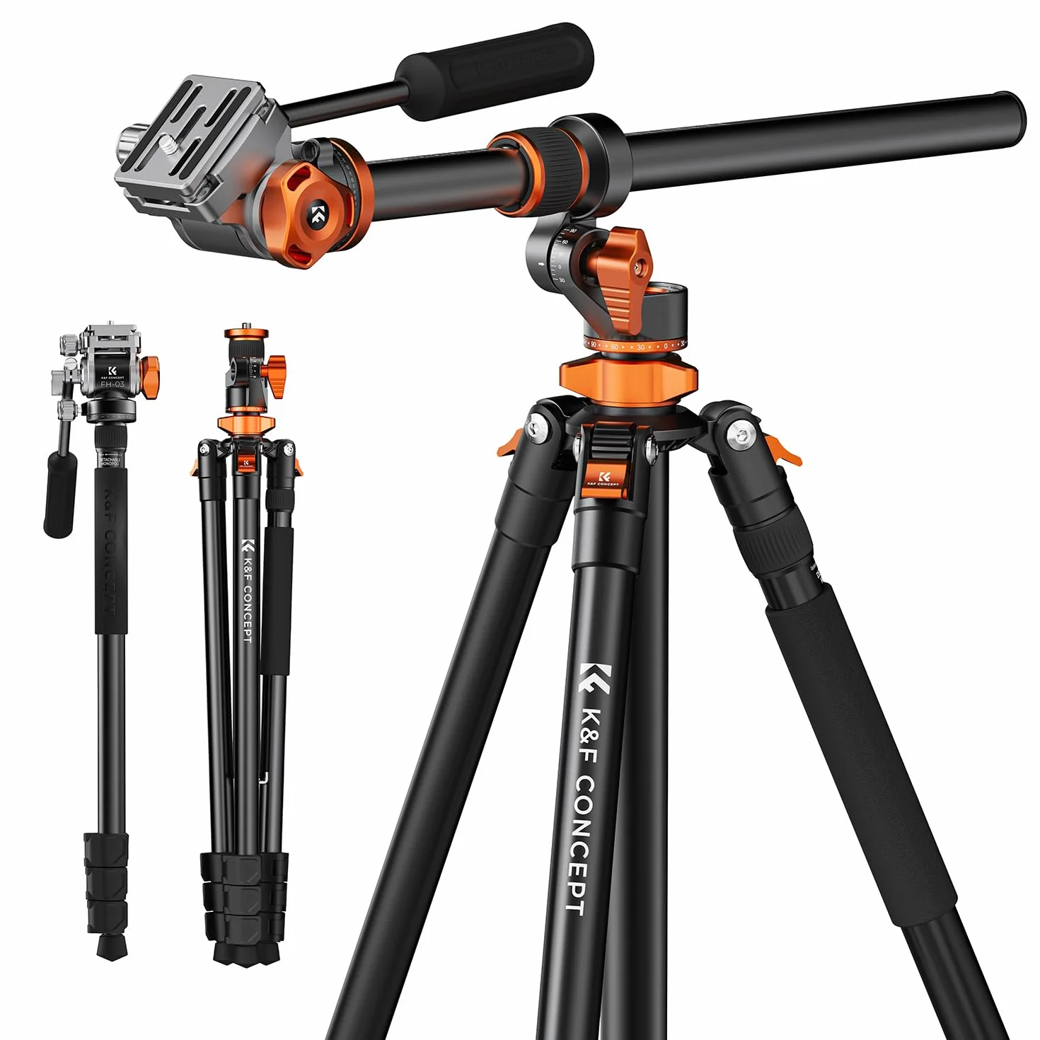 Statyw do aparatu, K&F CONCEPT statyw wideo, tripod z głowicą płynu, 231 cm statyw z kolumną środkową 90° i zdejmowanym statywem monopodowym, aluminiowy statyw podróżny T254A7+FH-03 do DSLR