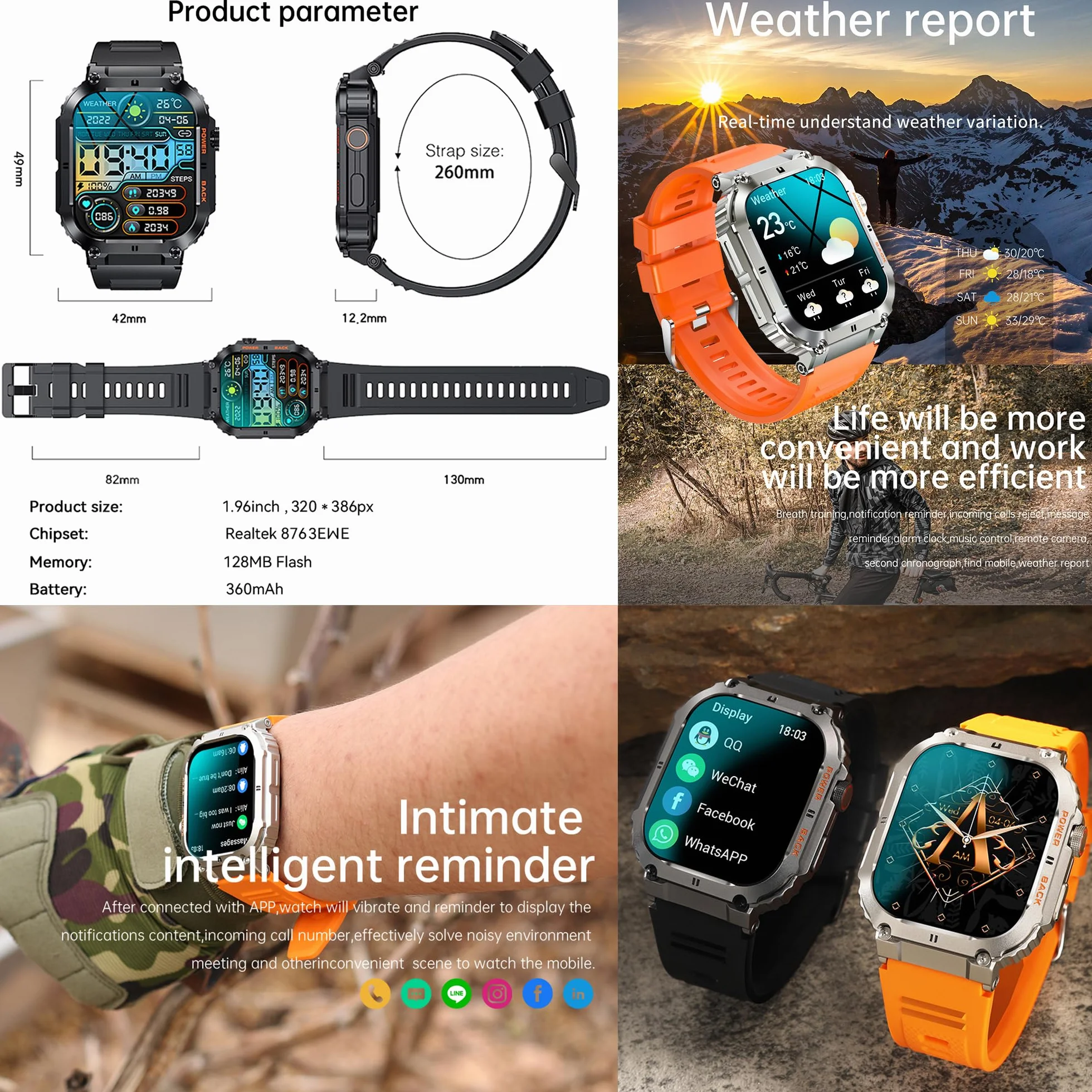 Smartwatch męski z funkcją telefonu, 1,96" HD zegarek sportowy z połączeniami telefonicznymi, zegarek fitness z monitorem tętna, monitorem snu, krokomierzem, wodoszczelność IP68, Smart Watch do