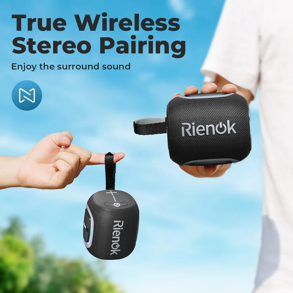 RIENOK Głośnik Bluetooth Bezprzewodowy Wodoodporny Mini Radio FM 15 Godzin Bluetooth 5.3 Karta TF USB Czarny