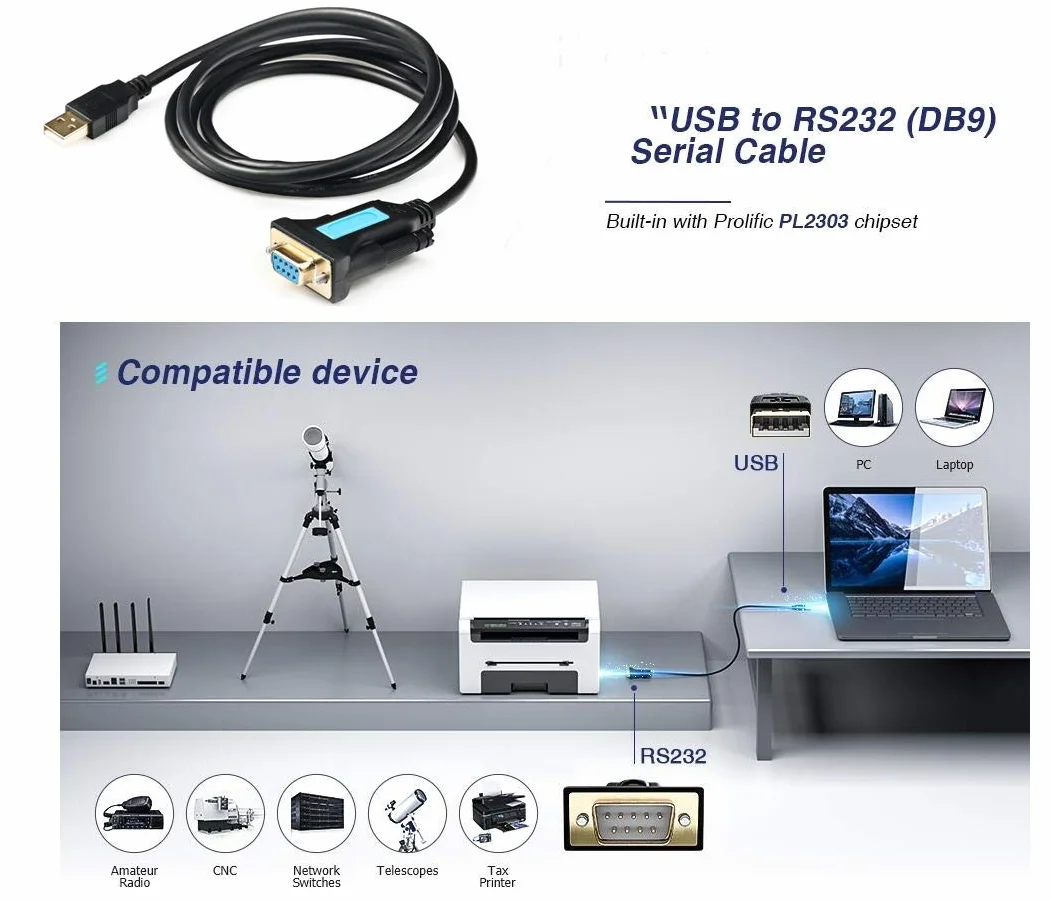 Adapter CABLEDECONN USB do RS232 z układem Prolific PL2303 USB2.0 męski do RS232 żeński kabel szeregowy DB9 2m 6ft dla Windows XP, Windows Vista,7,8,10,Mac OS 10.6 Above Linux
