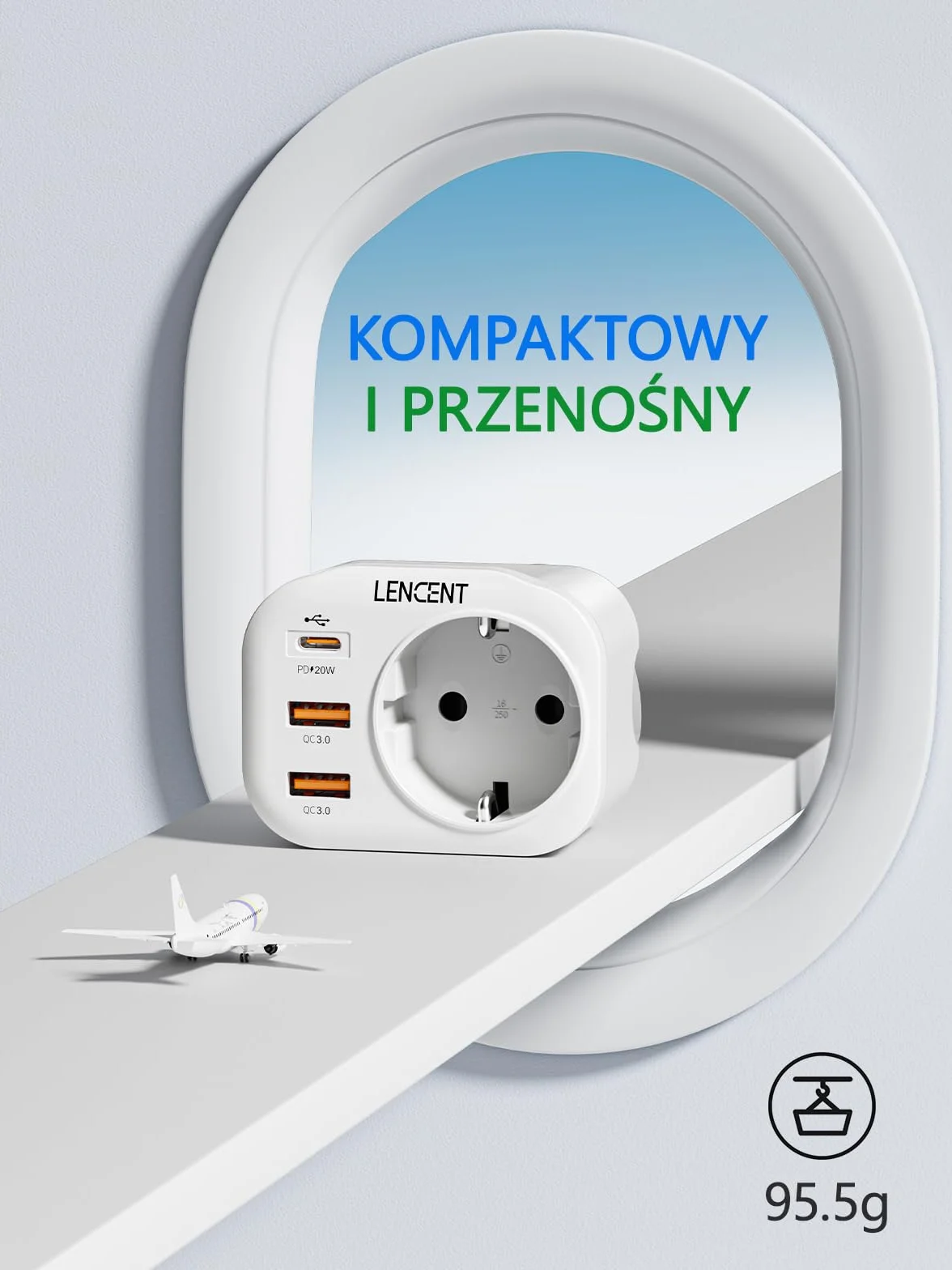 LENCENT 4-w-1 Szybkie ładowanie Adapter Podróżny IN Adapter Indie Wtyczka, Typu-D Wtyczka Podróżna Adapter z 2 USB QC3,0 + 1 Typu C PD 20W, Polski/EU do Sri Lanki, Indii, Nepalu, Biały