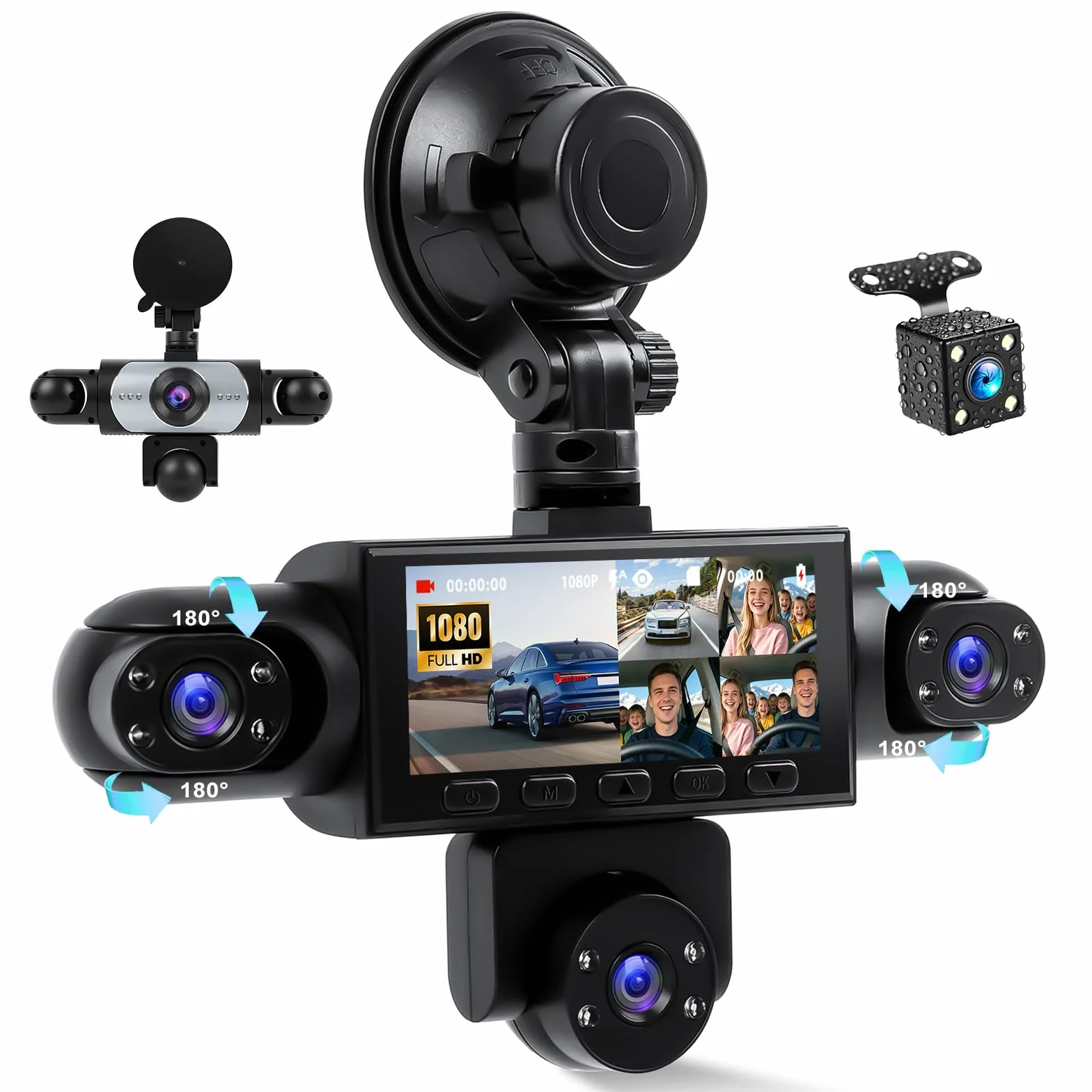 CAMECHO 5-kanałowa dashcam z widzeniem nocnym 1080P obrotowa o 360° kamera samochodowa przód i tył 3,16″ tryb postojowy asysta przy cofaniu nagrywanie cykliczne wykrywanie ruchu