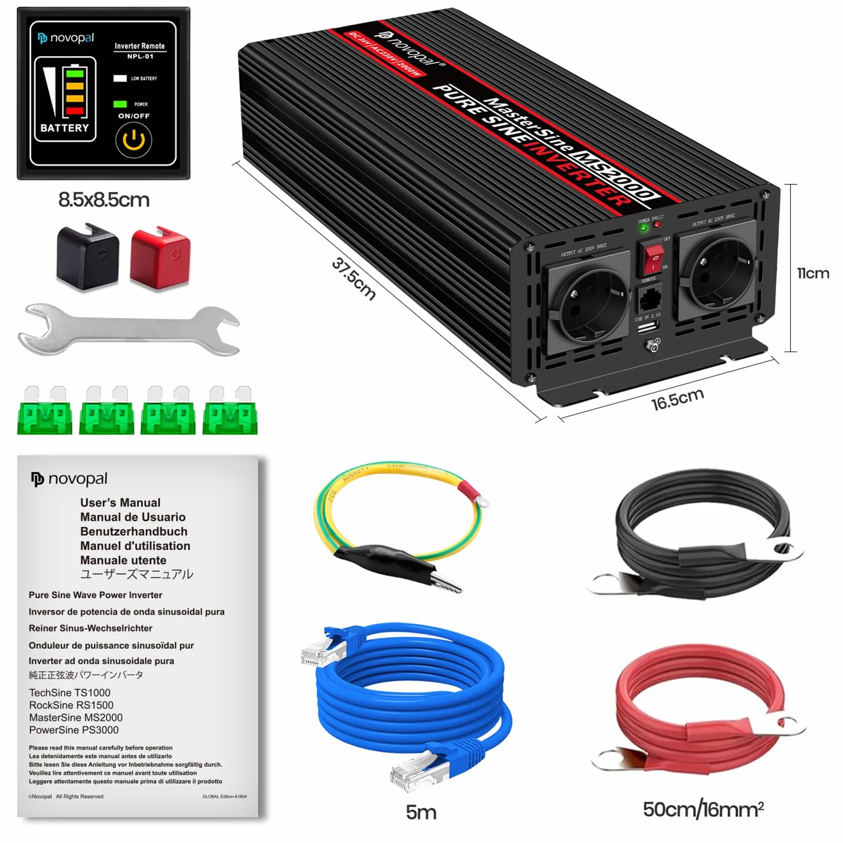 NOVOPAL Przetwornica napięcia, 2000 W, 24 V na 230 V, czysta sinusoidalna przetwornica napięcia, z pilotem zdalnego sterowania 5 m i portami USB, do kampera, samochodu, na kemping