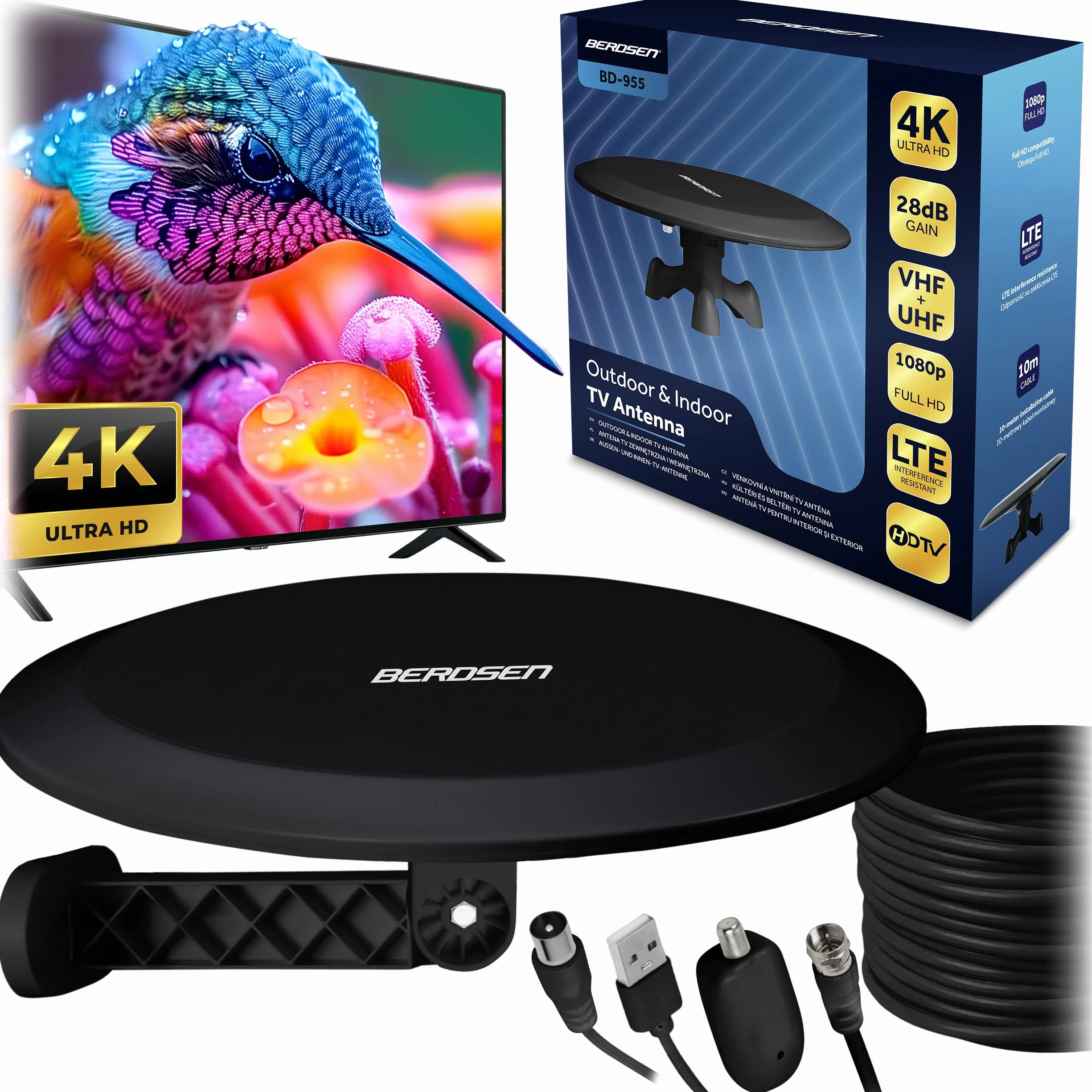 Berdsen Antena DVB-T2 ze Wzmacniaczem 28 dB Pokojowa do Telewizora Kabel 10 m Zasięg 80 km Filtr LTE Czarna