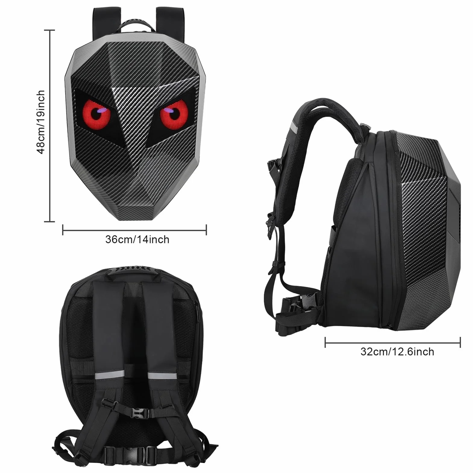 Walfront Plecak LED, programowalny ekran, wodoodporna twarda obudowa, kontrola aplikacji dla aplikacji LOY EYES, plecak motocyklowy LED zasilany przez USB, pełnokolorowy ekran punktowy 48 x 48