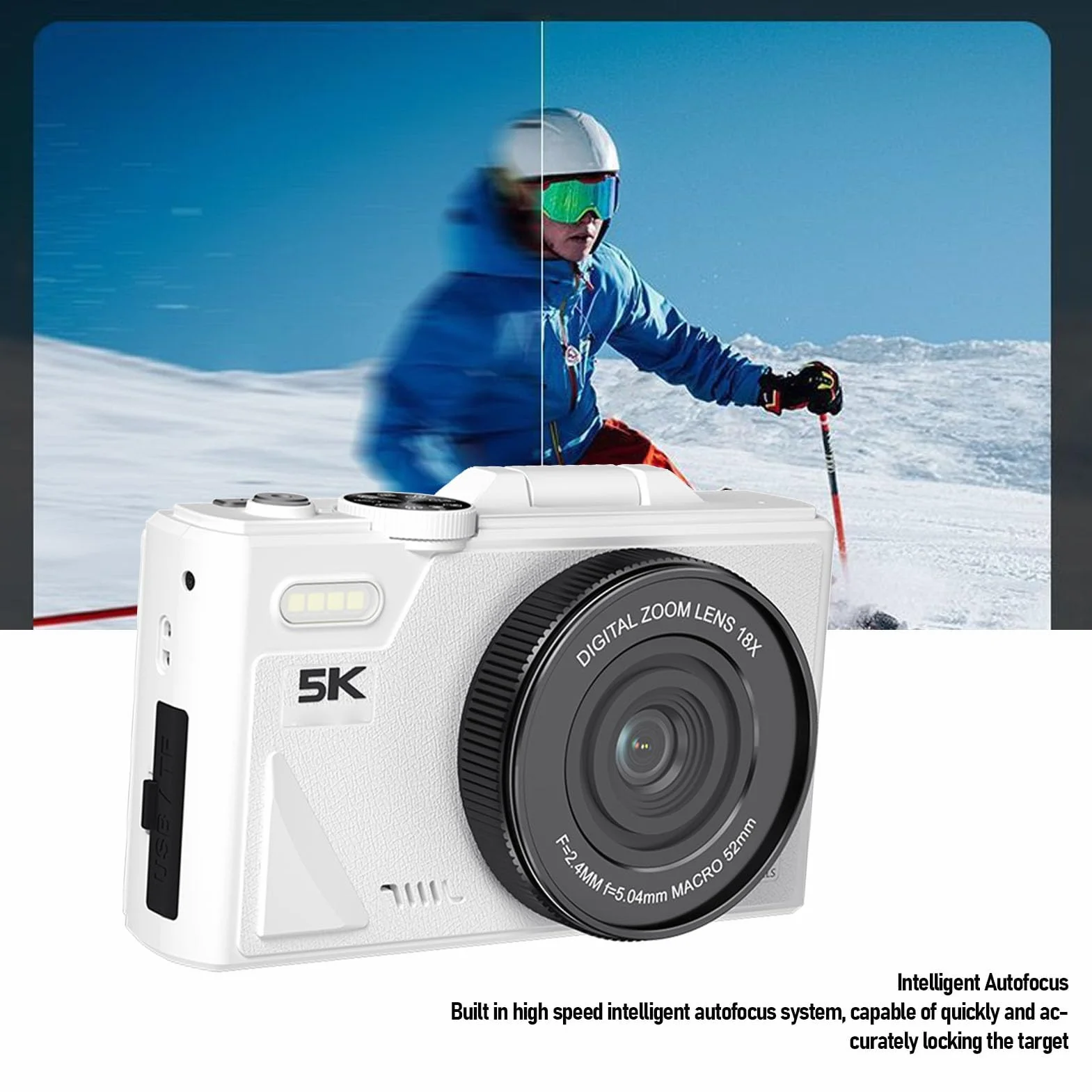 Fabater Cyfrowy Aparat Fotograficzny do Fotografii, 5K 75MP Autofocus Vlogging Camera, 3-calowy 180° Odchylany Ekran, 18-krotny Zoom Cyfrowy, Kompaktowe Aparaty Podróżne (WHITE)