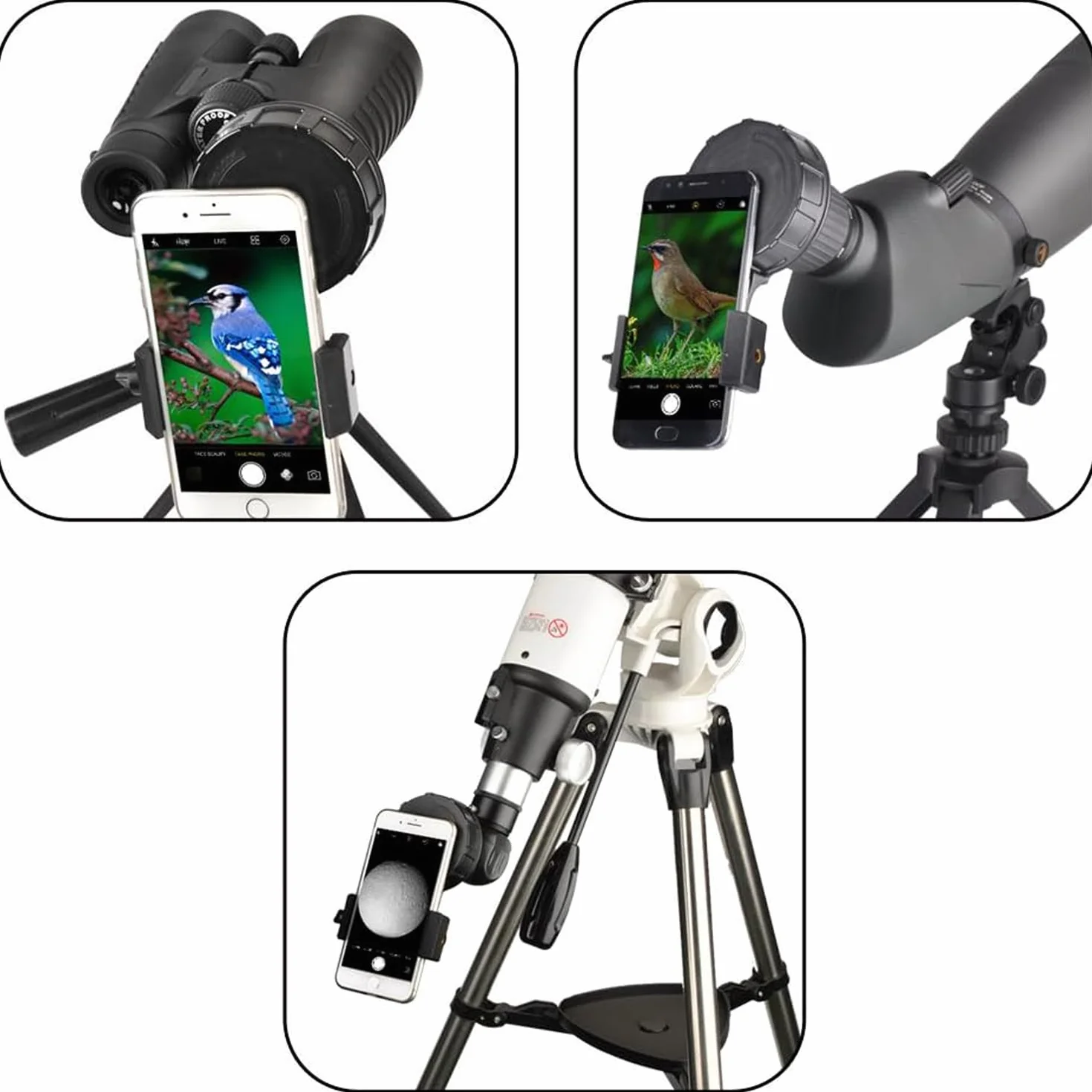 Gosky Adapter do telefonu teleskopowego, szybkie wyrównanie, mocowanie adaptera do telefonu komórkowego, kompatybilny z lunetką, lunetką, pasuje do prawie wszystkich marek smartfonów (duży typ)