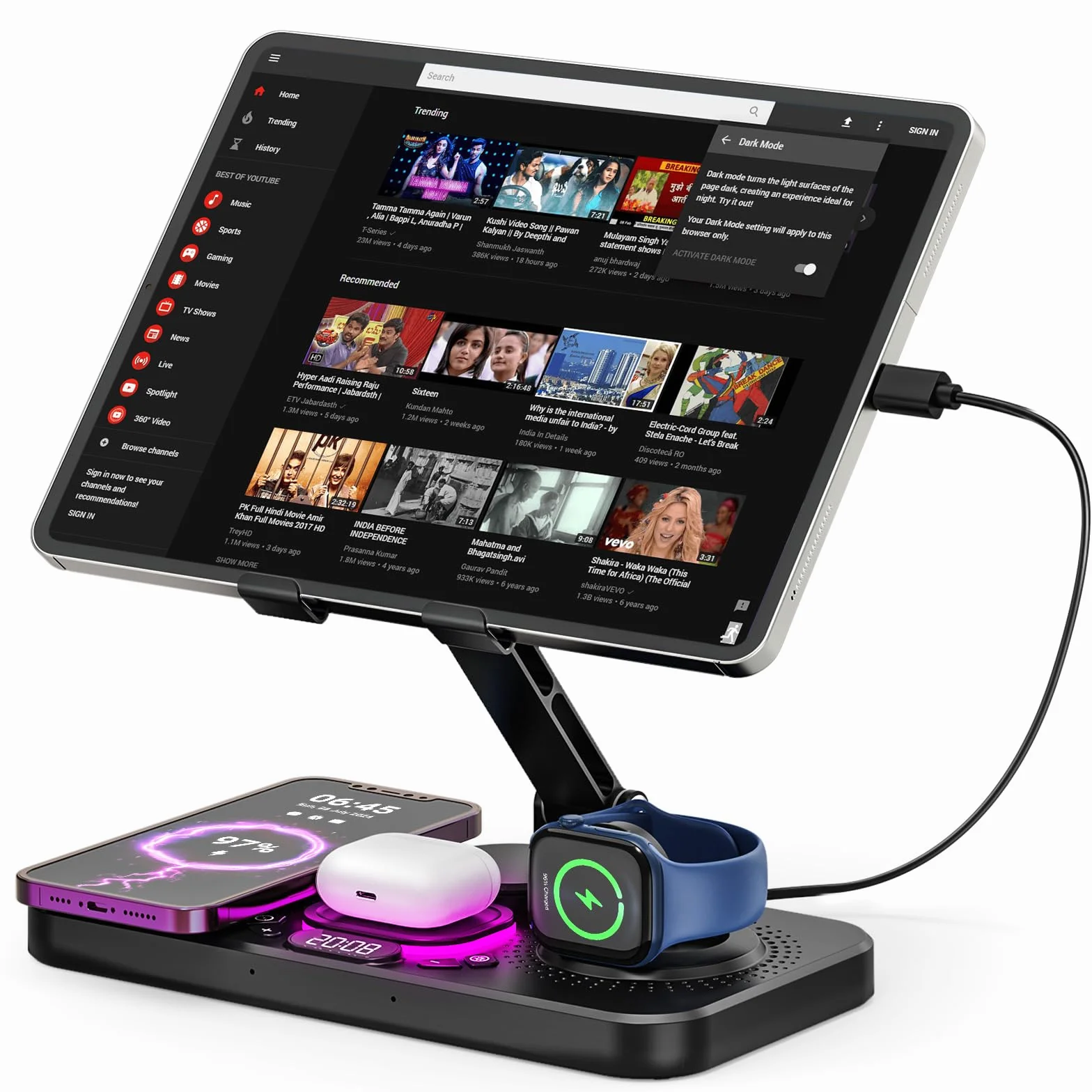 Bezprzewodowa stacja ładująca 4 w 1 do iPhone'a, regulowany stojak na tablet biurkowy z lampką nocną LED, składany stołowy uchwyt na iPada Pro Air Mini, tablety i telefony 10,16 cm-39,62 cm