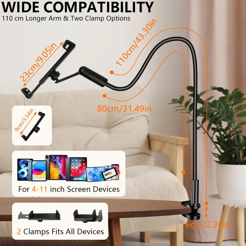 Flintronic Uchwyt na tablet typu łabędzia szyja, 360°, elastyczny z 2 klipsami, regulowane ramię do iPada/telefonu komórkowego/Switch/Kindle Fire