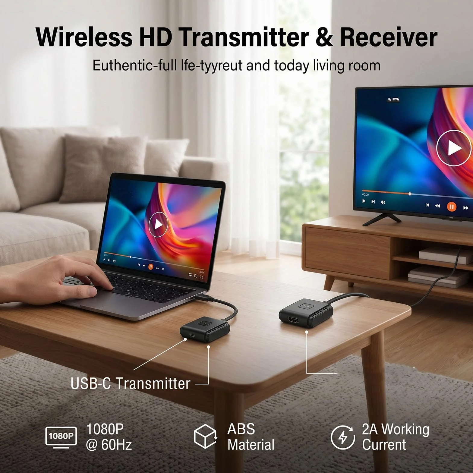 Bewinner Bezprzewodowy Zestaw Nadajnika i Odbiornika HD, Interfejs Multimedialny Typu C do HD Adapter do Lustrzanego Odbicia Ekranu 1080P 60 Hz Projektora Laptopa w Sali Konferencyjnej