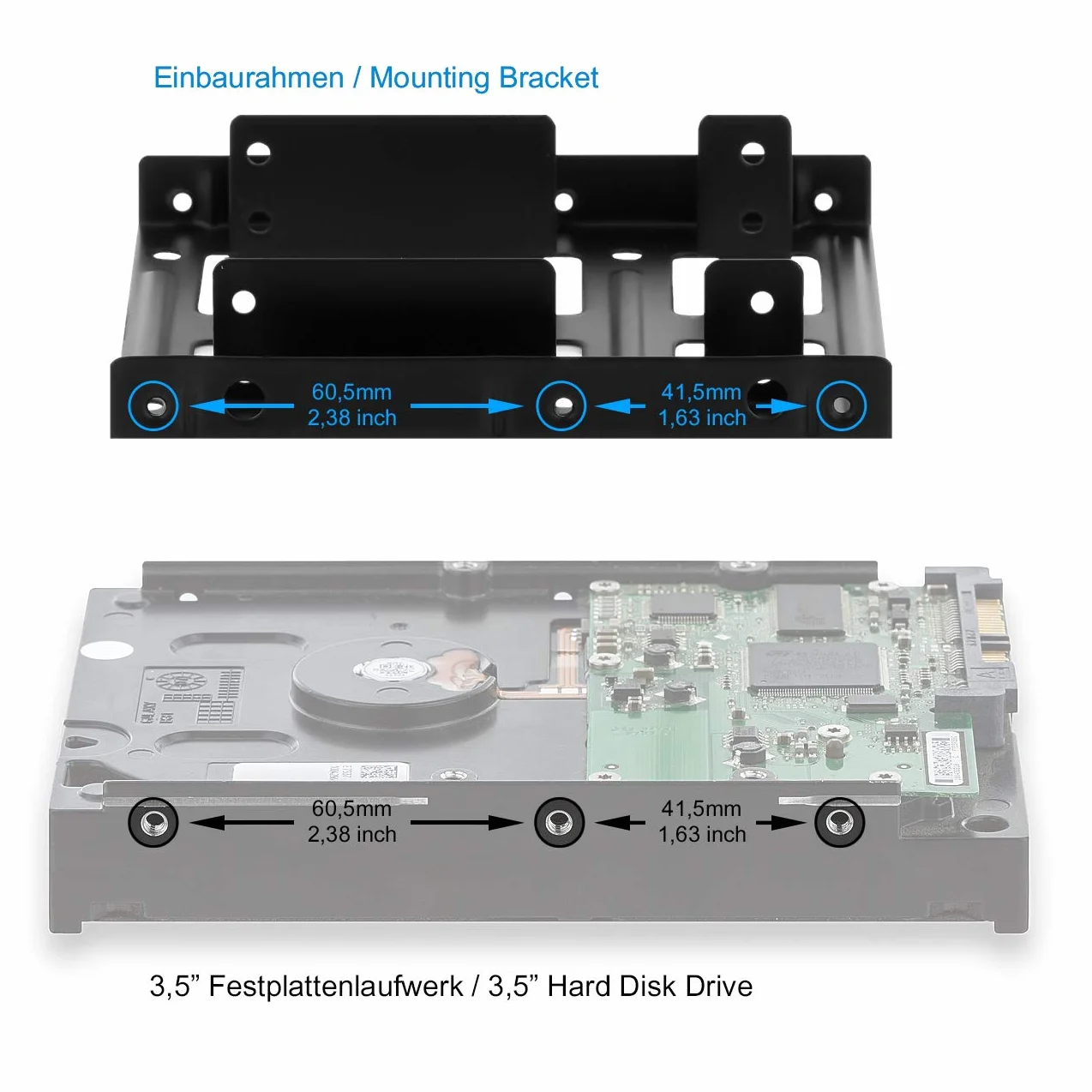 deleyCON Rama Montażowa Set dla 2 Dysków Twardych 2,5" SSD na Adapter 3,5" Zdejmowany Uchwyt na Ramę ze Śrubami 2 Kabel SATA 2 Zasilacze i Śrubokręt