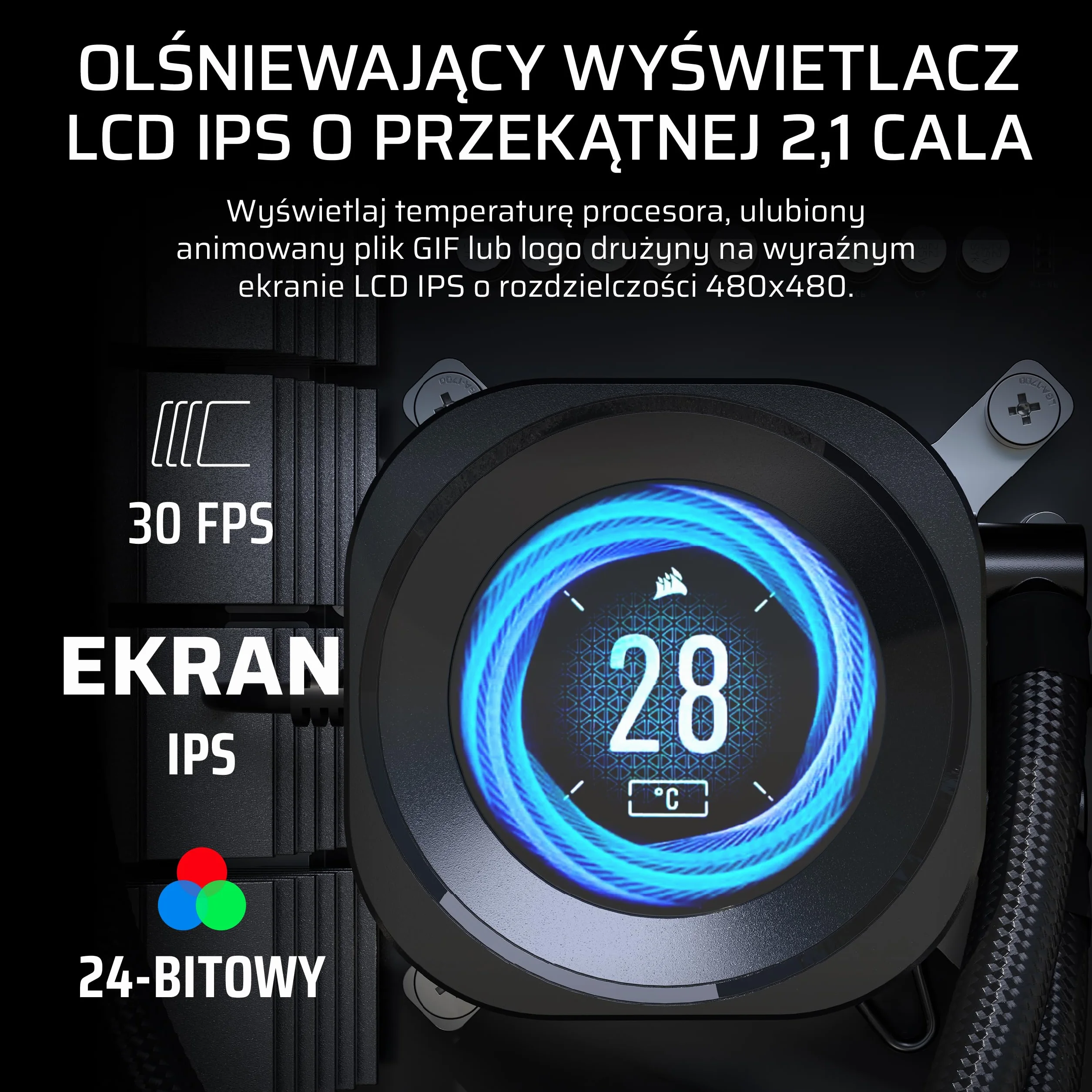 CORSAIR NAUTILUS RS LCD Moduł Ekranu – Do układów chłodzenia CPU NAUTILUS RS i NAUTILUS RS ARGB AIO — Ekran LCD IPS o przekątnej 2,1 cala — Łatwa instalacja bez użycia narzędzi – Czarny