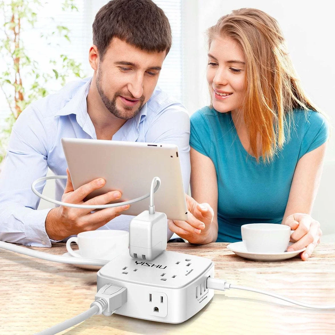 6 Ft Surge Protector Power Strip - 8 Widely Outlets with 4 USB Ports, 3 Side Outlet Extender with 6 Feet Extension Cord, Flat Plug, Wall Mount, Desk USB Charging Station, ETL ,White