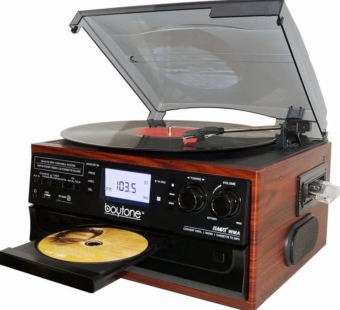 Boytone BT-22M, gramofon Bluetooth, radio AM/FM, kaseta, odtwarzacz CD, 2 wbudowane głośniki, możliwość konwersji winylu, radia, kasety, CD na MP3 bez komputera, gniazdo SD, USB, AUX