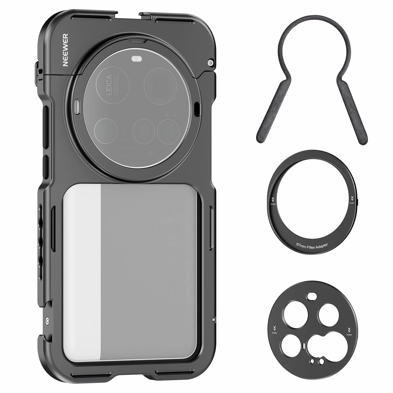 NEEWER 15 Ultra Cage, szybkie odpinanie, etui na stabilizator telefonu, kompatybilne z Xiaomi 15 Ultra, z adapterem filtra 67 mm i tylną płytą obiektywu 17 mm do nagrywania wideo, PA091 czarne
