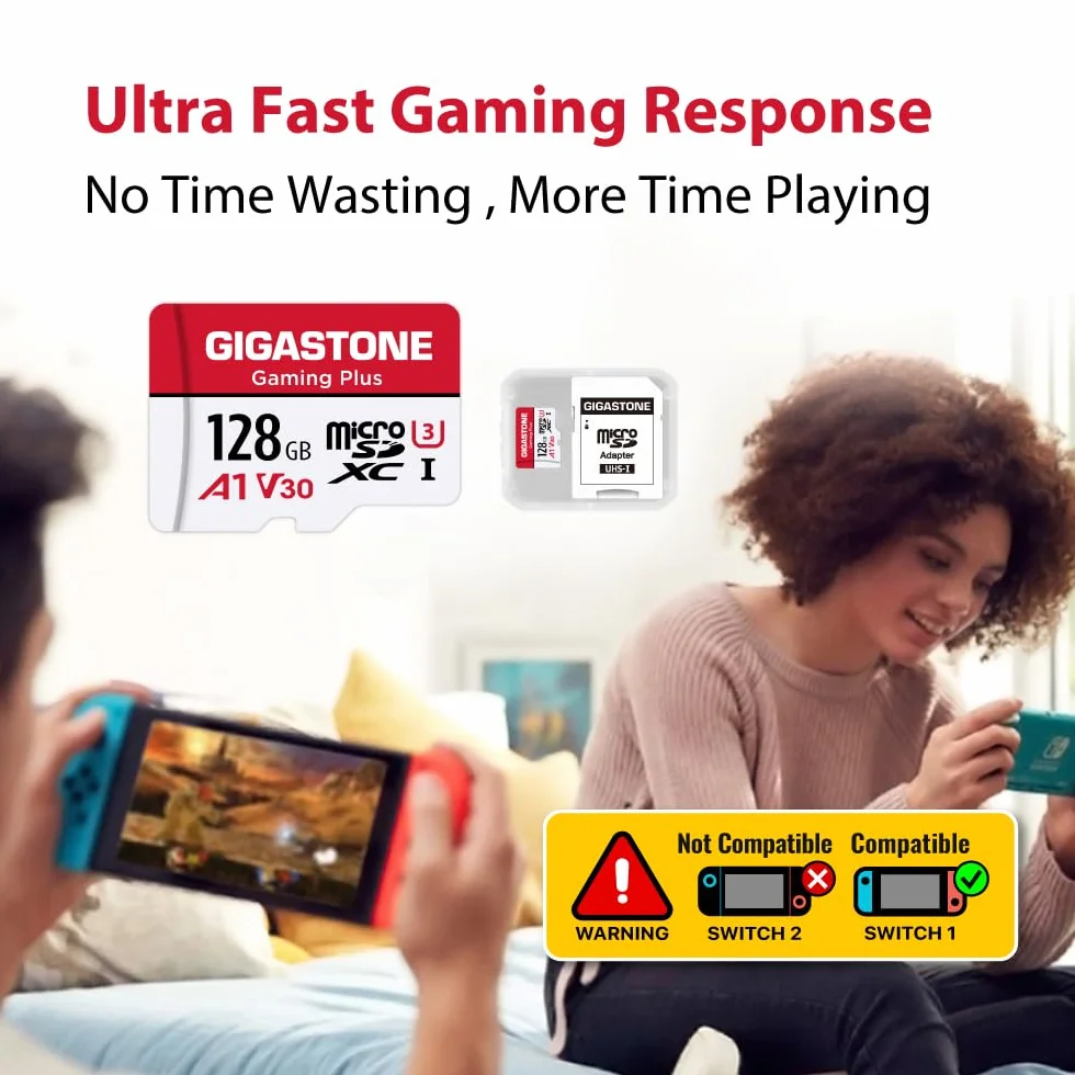 [Gigastone] Karta micro SD 128 GB z czytnikiem kart USB typu C, karta pamięci Gaming Plus, karta pamięci MicroSDXC do Nintendo Switch, nagrywanie wideo 4K, UHS-I A1 U3 V30 C10, do 100 MB/s, z