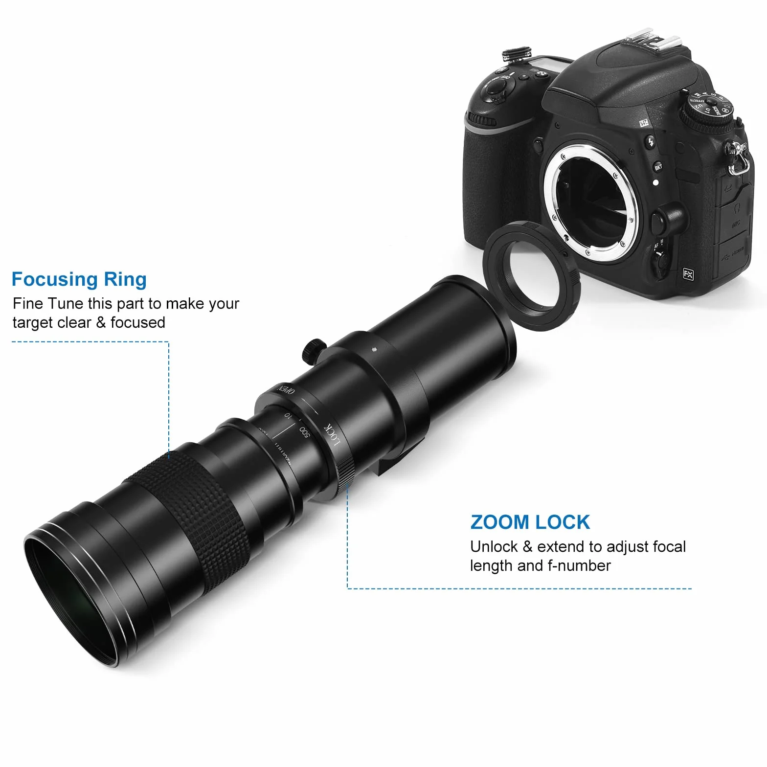 Lightdow 420–800 mm f/8.3 Ręczny teleobiektyw zmiennoogniskowy z mocowaniem T do Canon EF/EF-S (Rebel T8i/T7/T6/T5/T4i/T3i, 250D, 6D, 5D itp.)