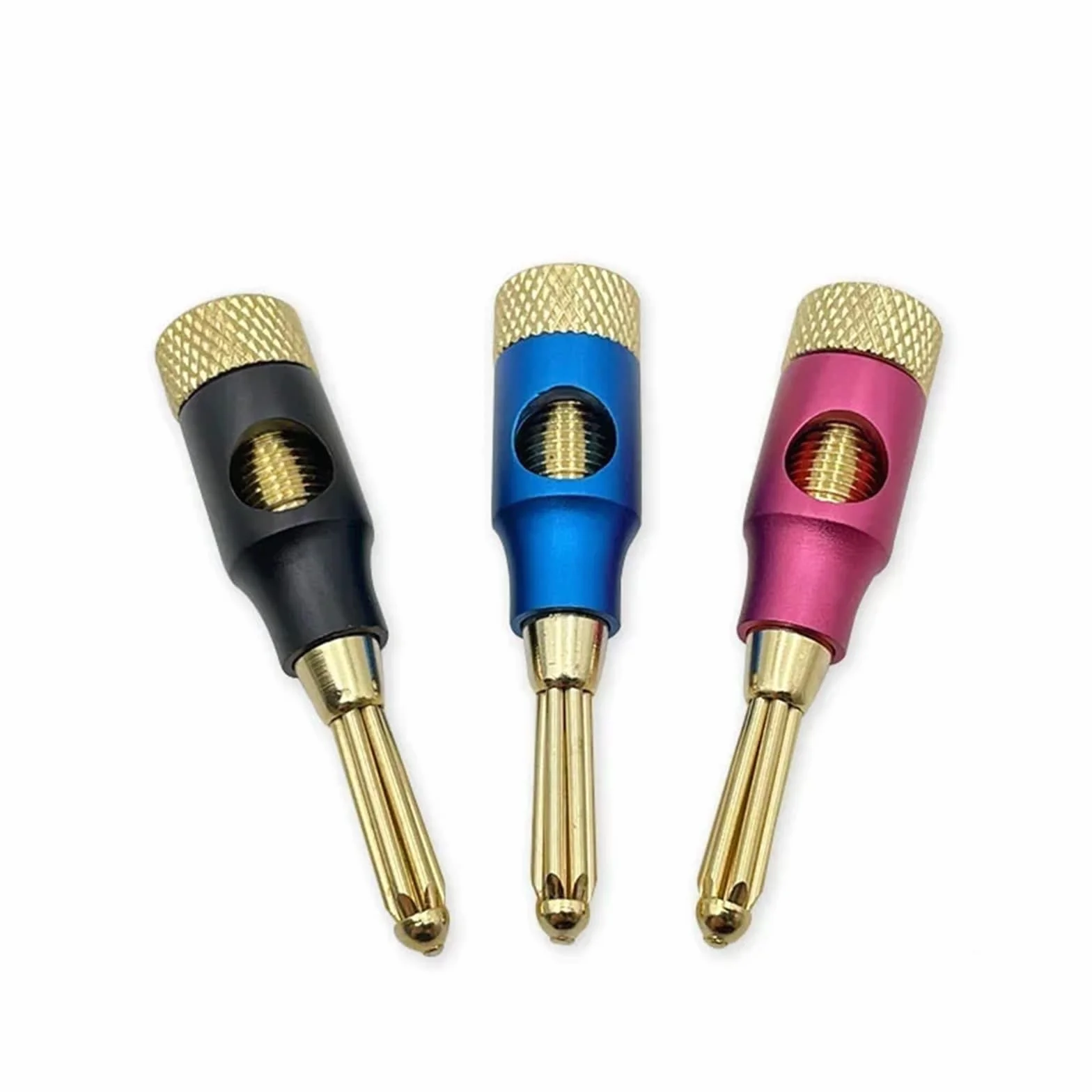 Wtyk bananowy z metalu, 4 mm, wtyk bananowy z czystej miedzi, pozłacany czystym złotem, głośnik do kabli audio i wideo, banany bez lutowania, możliwość układania w stos z boku, 4 sztuki