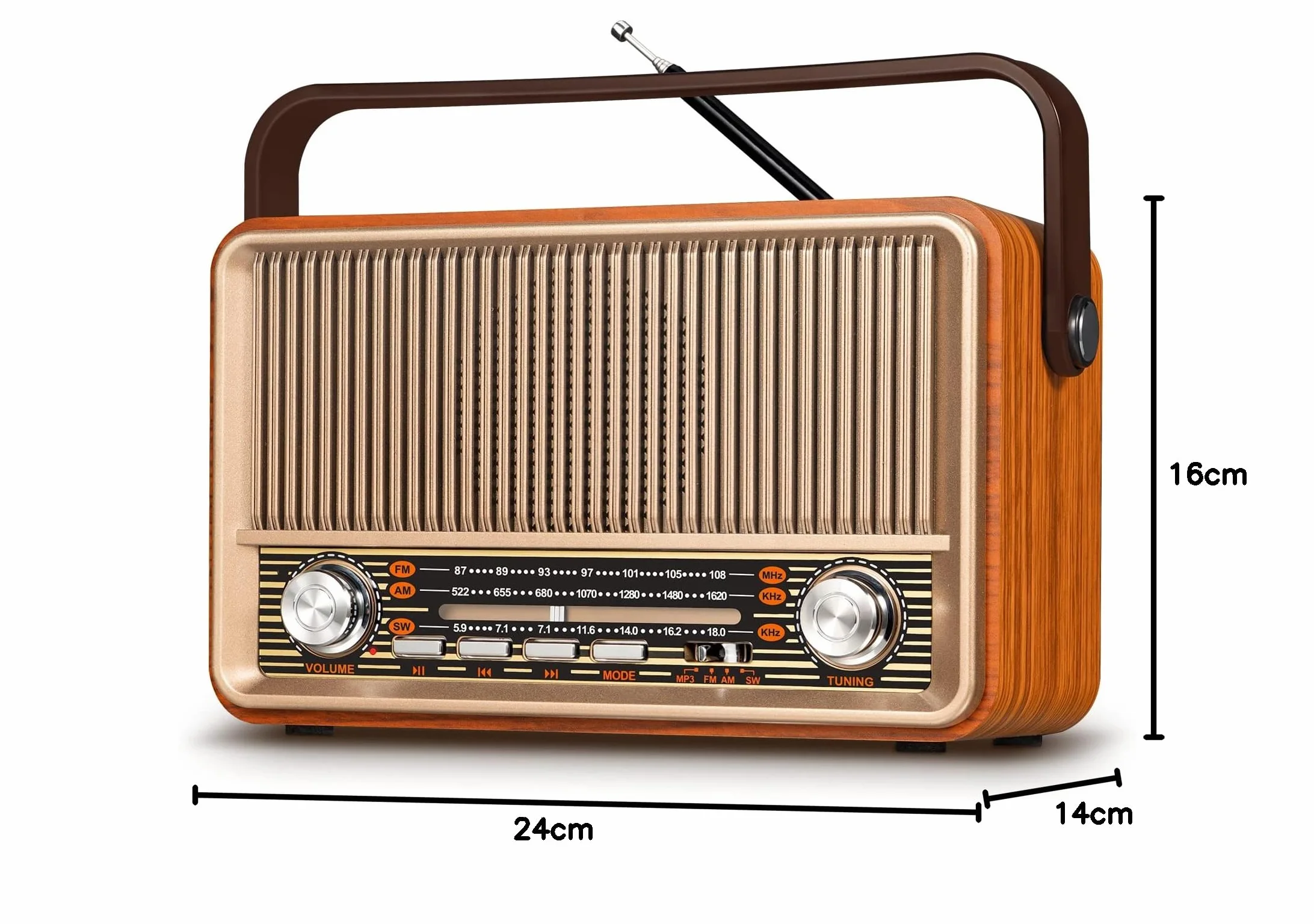 PRUNUS J-120 AM/FM/SW retro małe radio z akumulatorem 1800 mAh lub prądem AC, kuchenne, nostalgiczne z Bluetooth, obsługuje USB/TF/AUX, proste dla seniorów.