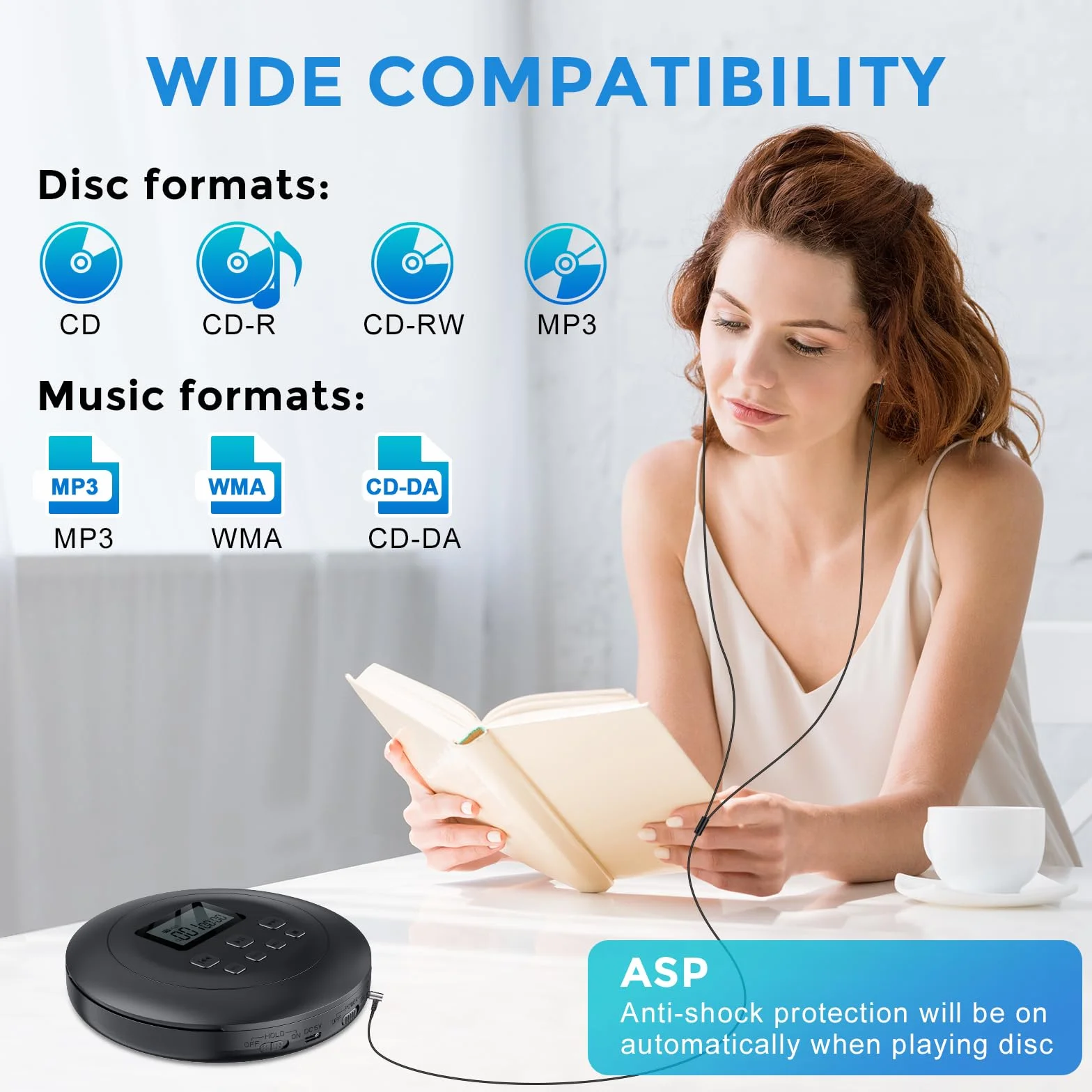 Gueray Przenośny odtwarzacz CD, osobisty odtwarzacz CD ze słuchawkami, wyświetlacz LCD, ochrona HiFi, klasyczny odtwarzacz CD, odtwarzacz CD do samochodu, domu
