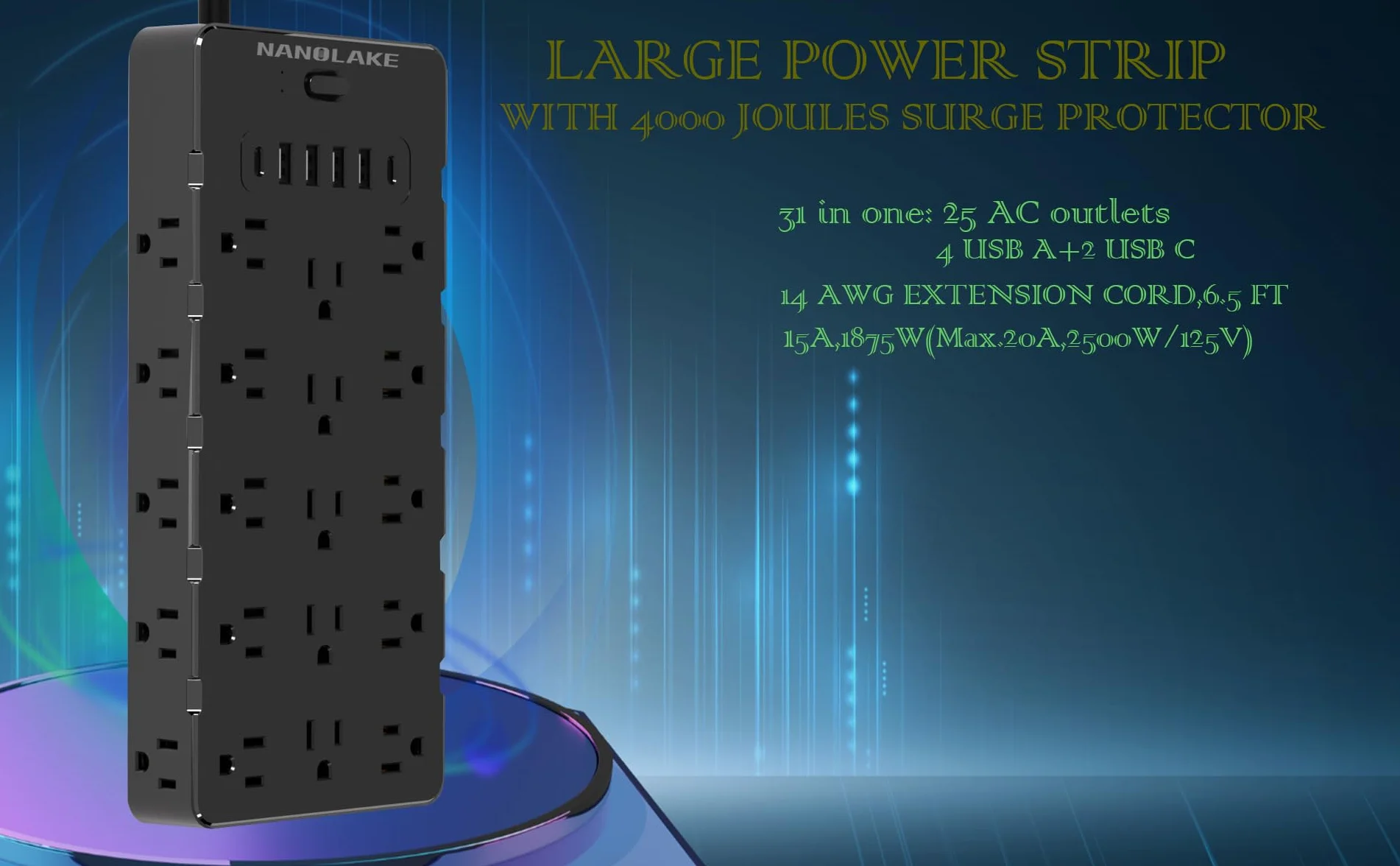 Large Power Strip Surge Protector 4000 Joules,Heavy Duty 14 Gauge Cord (Rated 15A,Max.20A),2 USB C 4 USB A Ports,Flat Plug,25 Widely AC outlets,6.5ft,Black,NANOLAKE