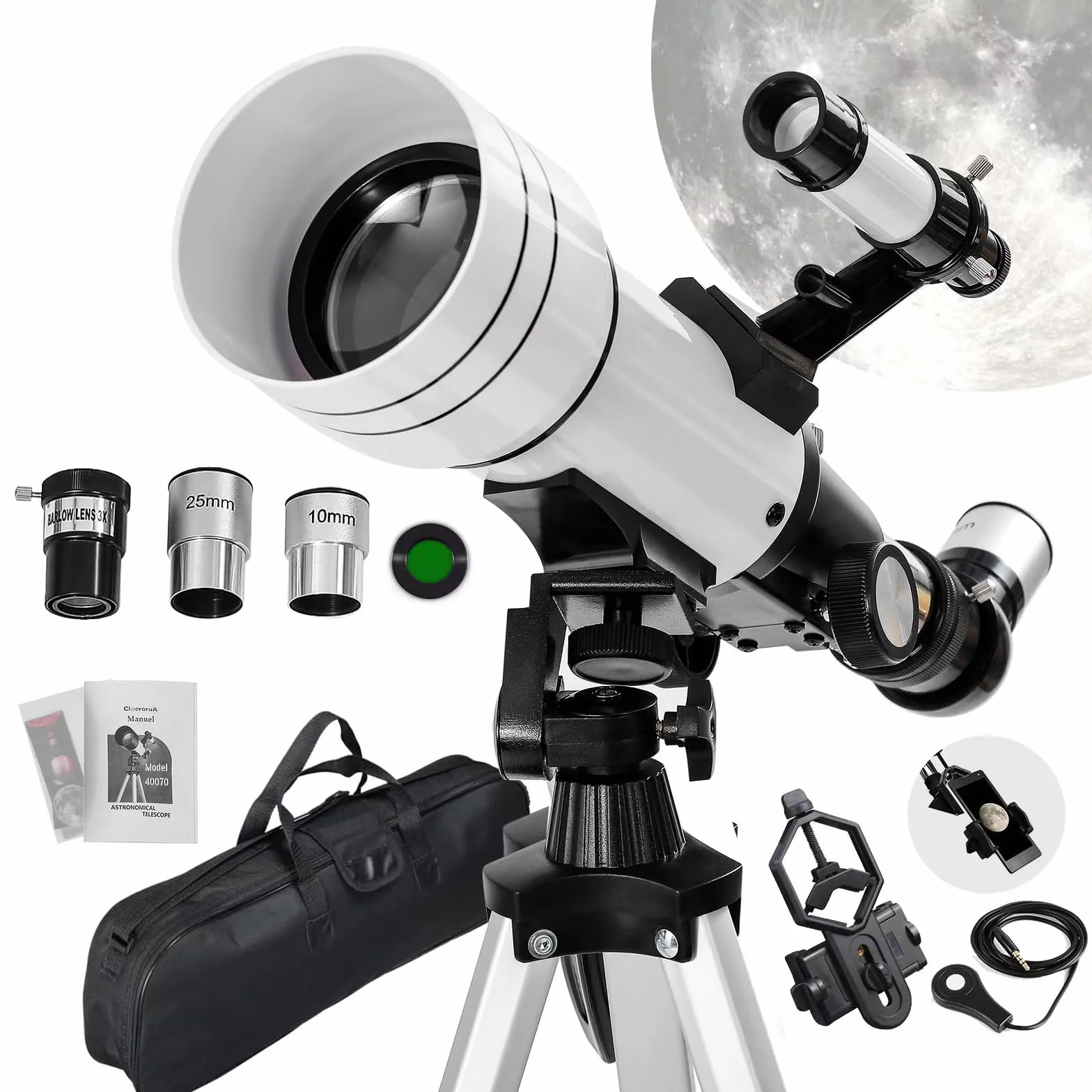 KlaroruA teleskop astronomiczny 70/400 mm teleskop dla dorosłych, astronomiczny teleskop załamania światła dla dzieci i początkujących, z adapterem do telefonu i statywem, CLT001-WH