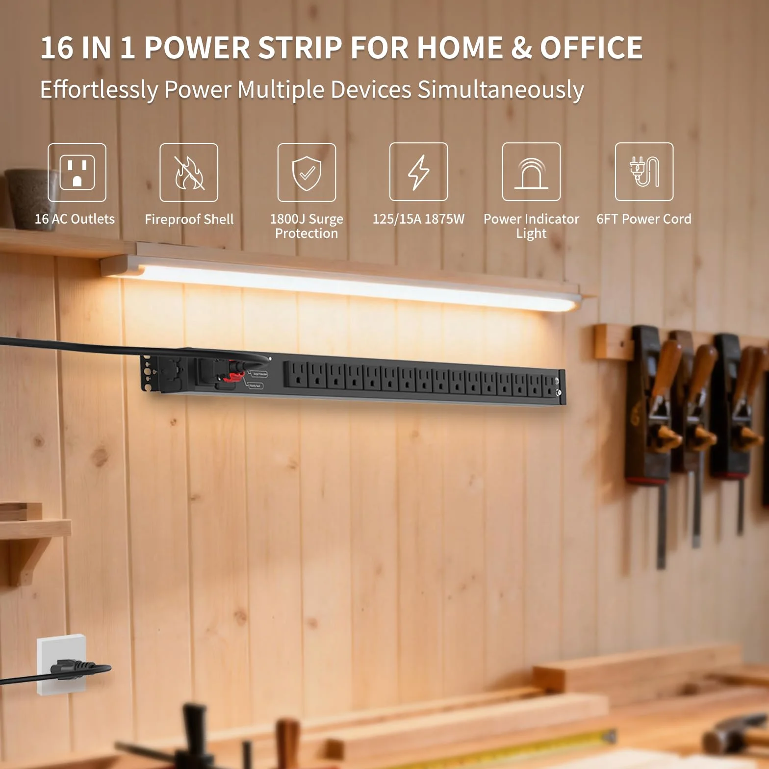 16 gniazd, listwa zasilająca 15 A/125 V z przełącznikiem, 5-15 R, 1,8 m 5-15P na kabel sieciowy do automatycznego blokowania, listwa zasilająca montowana ze stopu metali