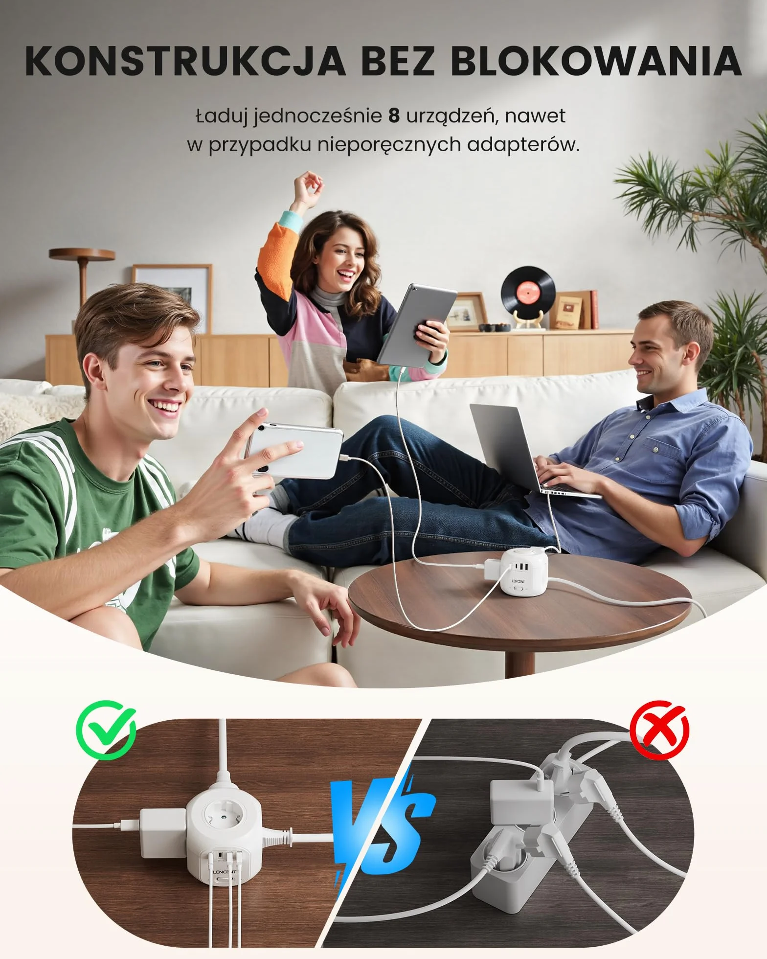 LENCENT 10 Metry Listwa Zasilająca z Płaską Wtyczką, 4 Przegrody 8 w 1 | Listwa Zasilająca z 3 Gniazdami USB A + 1 Gniazdkiem Typu C, Adapter z Przełącznikiem 10 M Kable, Wtyczka Domowa, Typu C/E/F