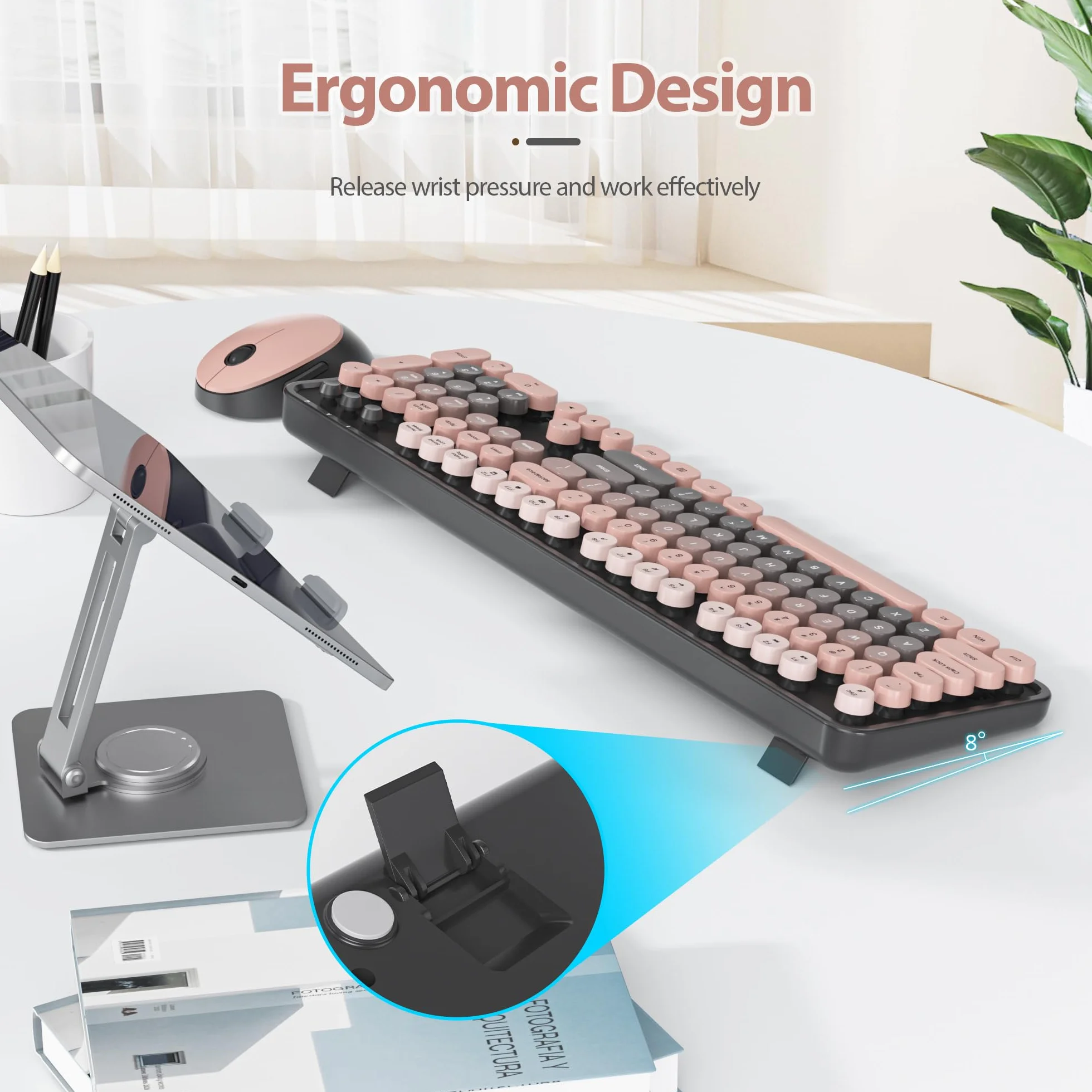 Bezprzewodowa klawiatura myszy, okrągła klawiatura retro maszyna do pisania, urocza klawiatura komputerowa 2,4G, amerykańska QWERTY, bezprzewodowa ergonomiczna klawiatura z 104 klawiszami