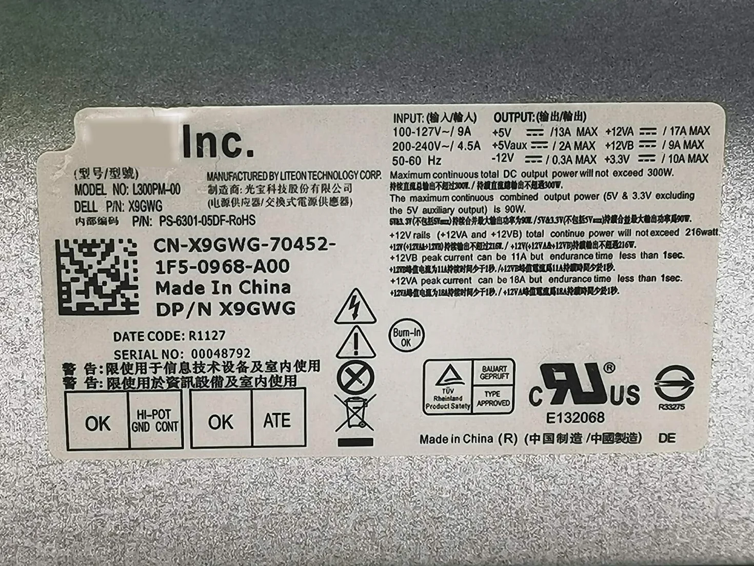 300W L300PM-00 X9GWG zasilacz zasilacz do Dell Vostro 200 220 230 260 420 Inspiron518 519 530 545 Precision T1500 T1600 T1650 Optiplex 3010 70 10 90 9010 MPCF0 0VWX8 5W52M 57KJR N6H3C 6R89K MiniTower