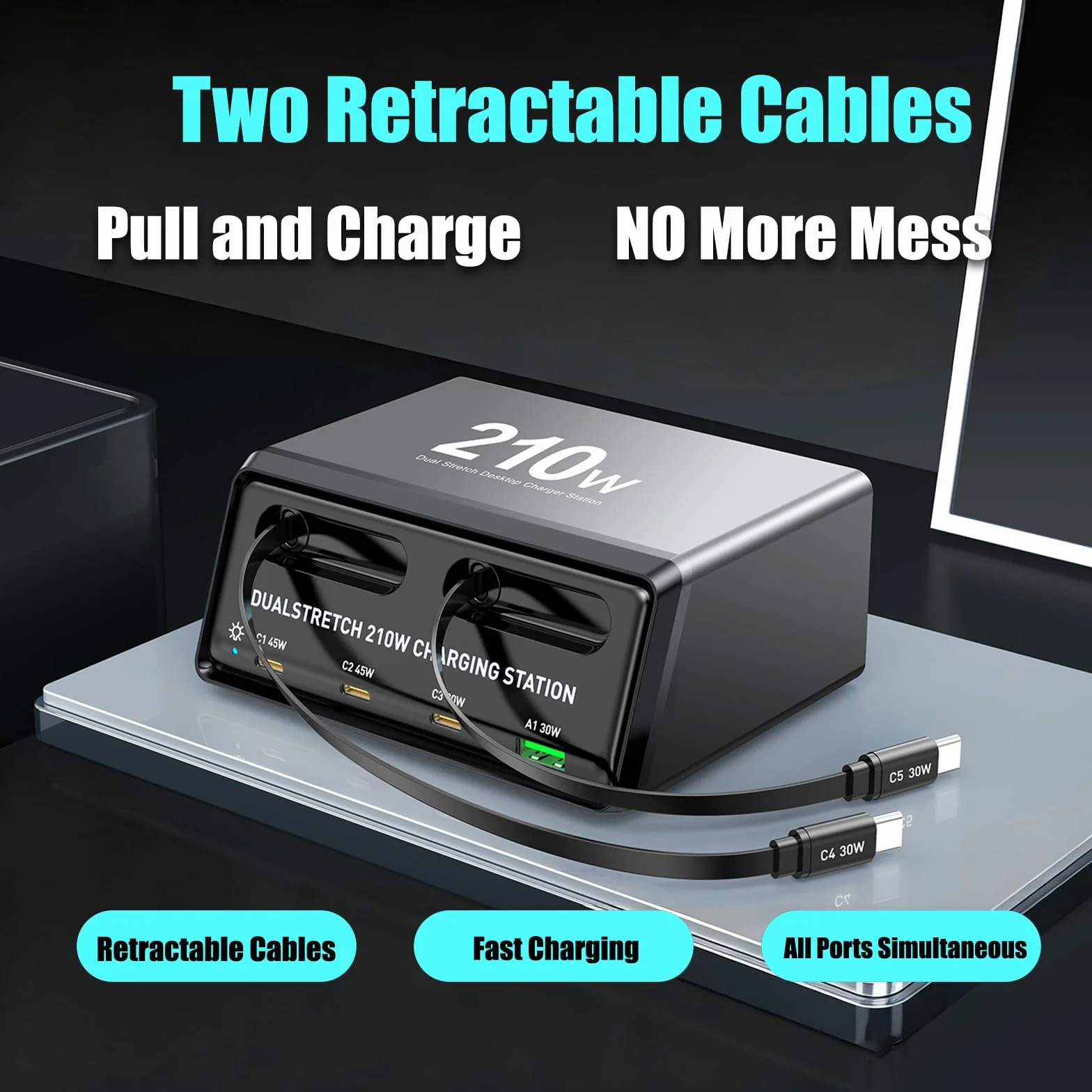 Ładowarka GaN 210 W z 2 wysuwanymi kablami, 6-portowa stacja ładująca USB C (5C+1 A), podwójne porty 45 W do MacBooka i laptopa, szybkie ładowanie ładowarka podróżna do domowego biura, do iPhone'a, Samsunga, iPada