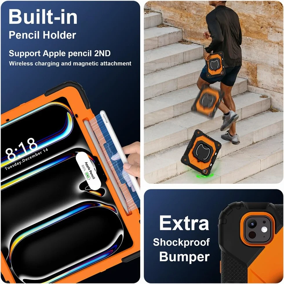 Generic etui kompatybilne z iPad Air 27.9 cm (M3) 2025 (kolor: czarny) pełna obudowa twarda tylna twarda silikonowa podstawka styl etui z paskiem na ramię