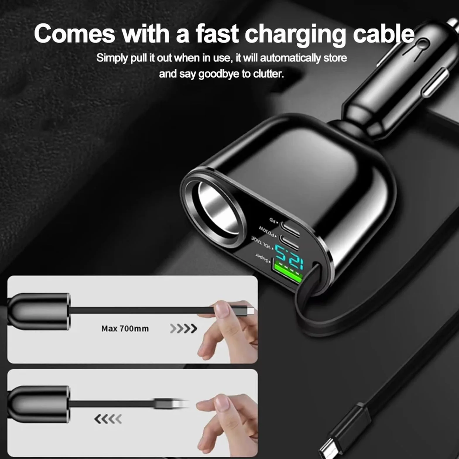 Kabel teleskopowy do szybkiego ładowania 120/90/66 W, 4 w 1, 2 porty USB, adapter, kompatybilna zapalniczka(90W)