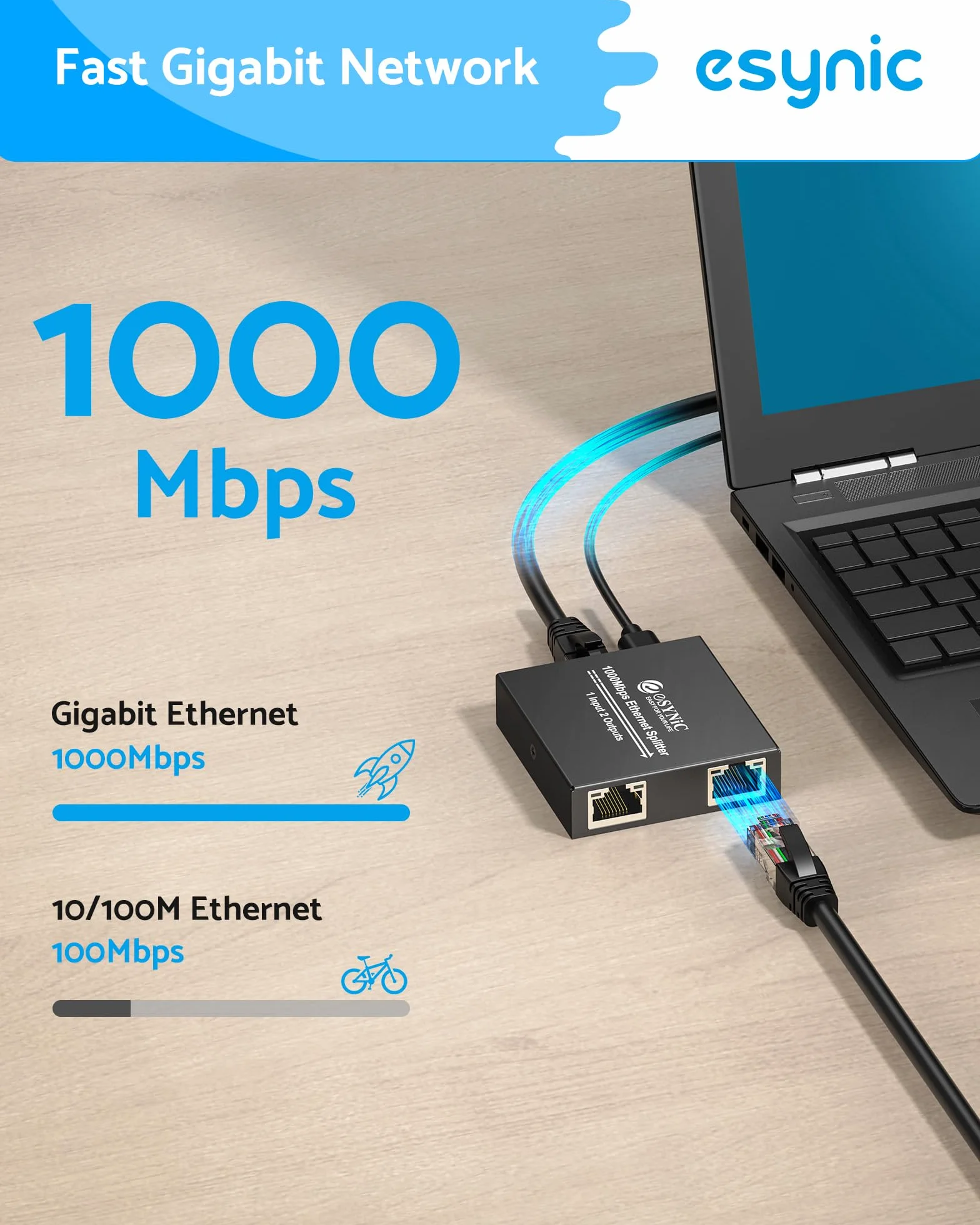 eSynic Gigabit Ethernet rozdzielacz 1 w 2 wyjściach z kablem sieciowym 0,5 m, przełącznik rozdzielacza RJ45 LAN 1 do 2 portów 100 Mb/s z kablem sieciowym typu C, 1X2 obsługuje kable Cat5/5e/6/7/8