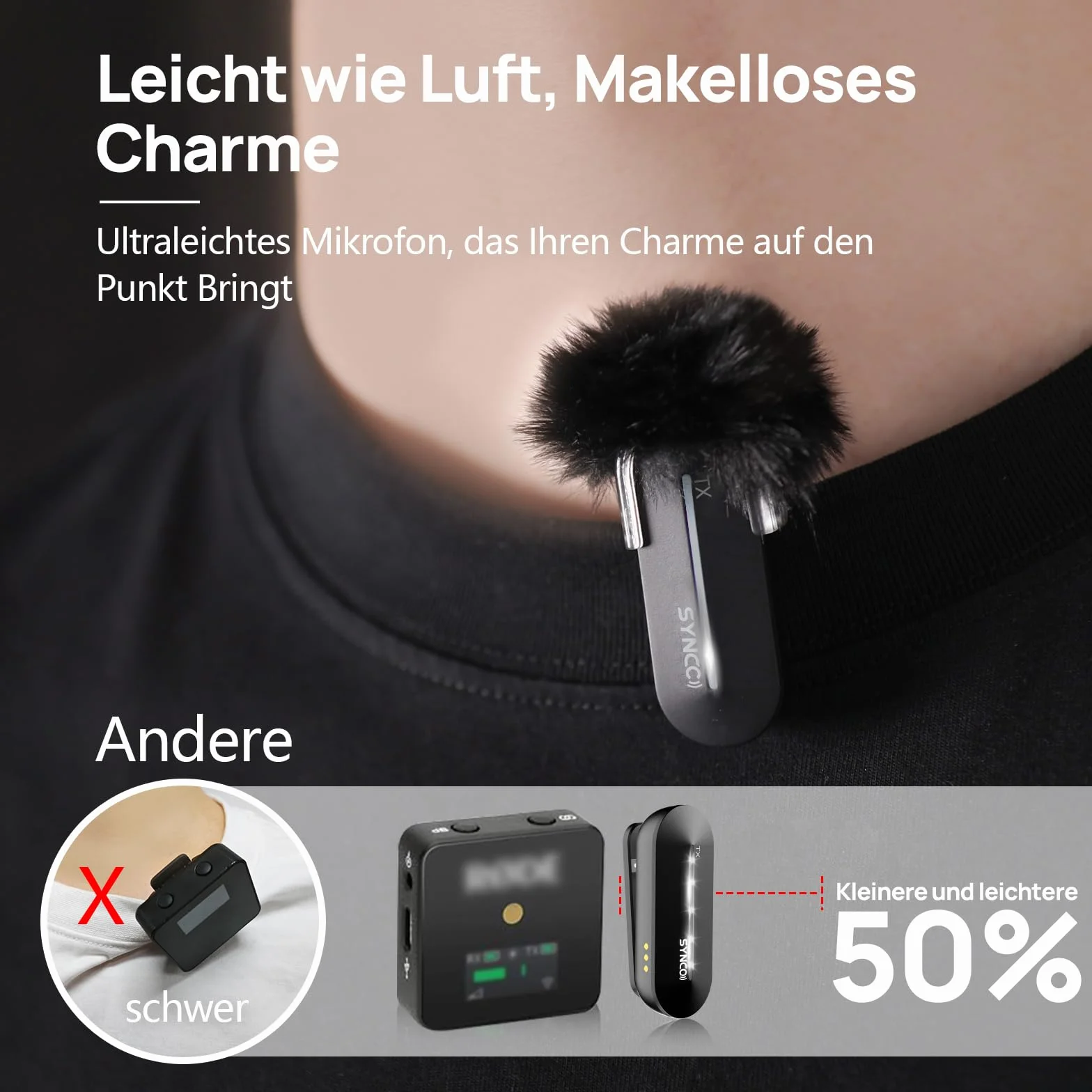 SYNCO Bezprzewodowy mikrofon krawat typu C, P1ST Bezprzewodowy mikrofon 2,4 GHz z etui ładującym do telefonów i tabletów USB C, mikrofon-krawat-bez smartfona